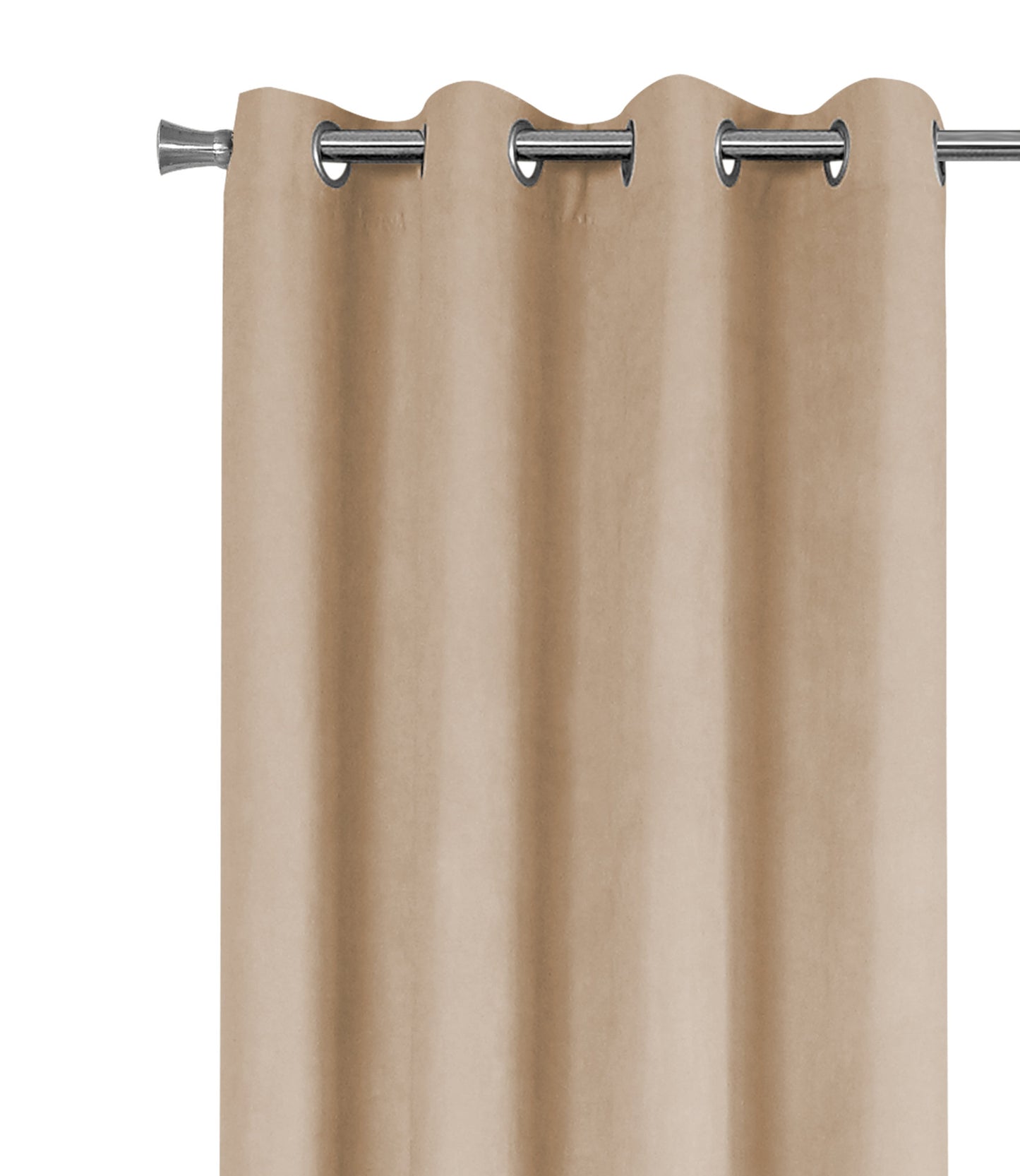 Beige grommet curtain with silver metal rod adds warmth and privacy