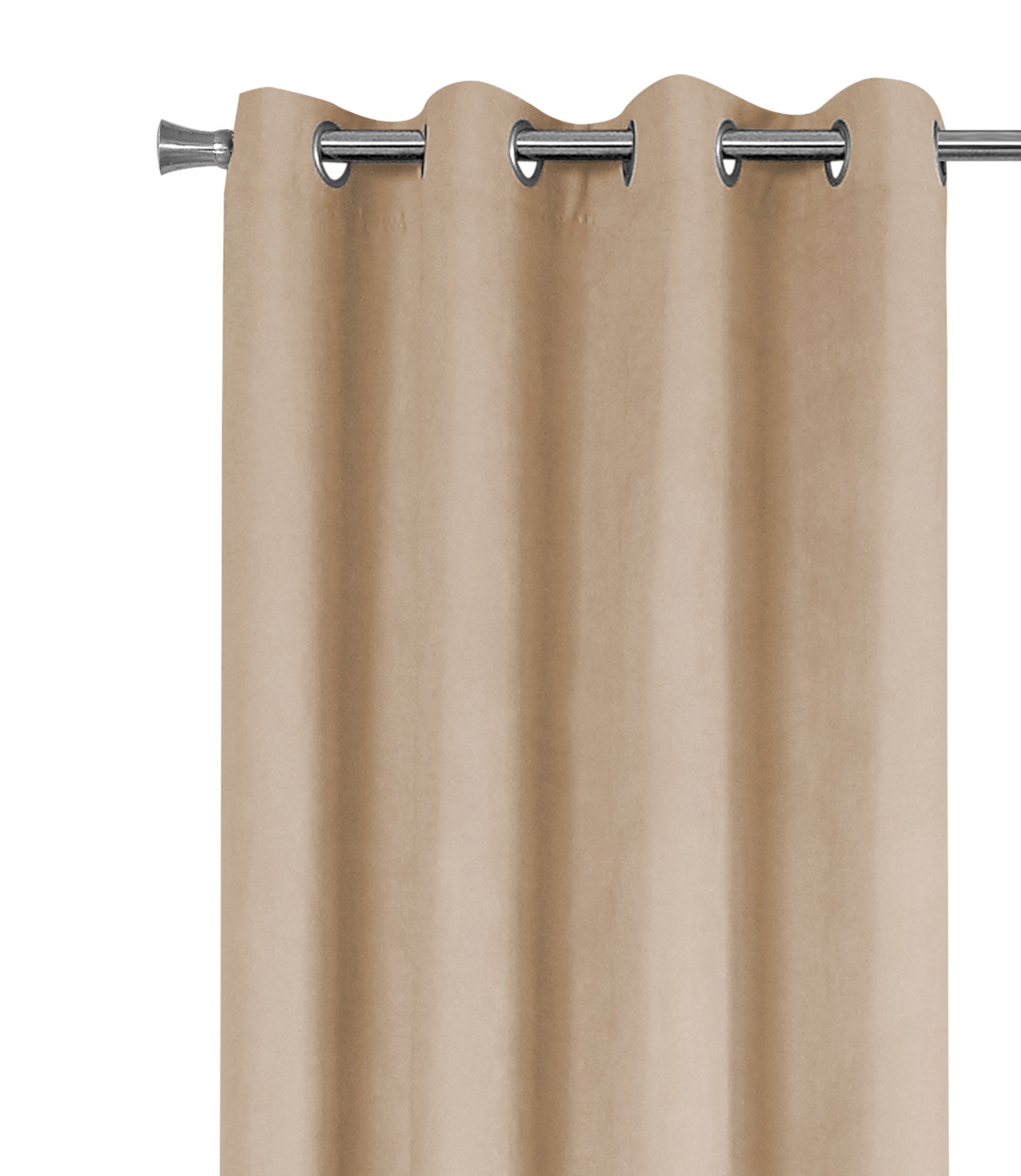 Beige grommet curtain with silver metal rod adds warmth and privacy