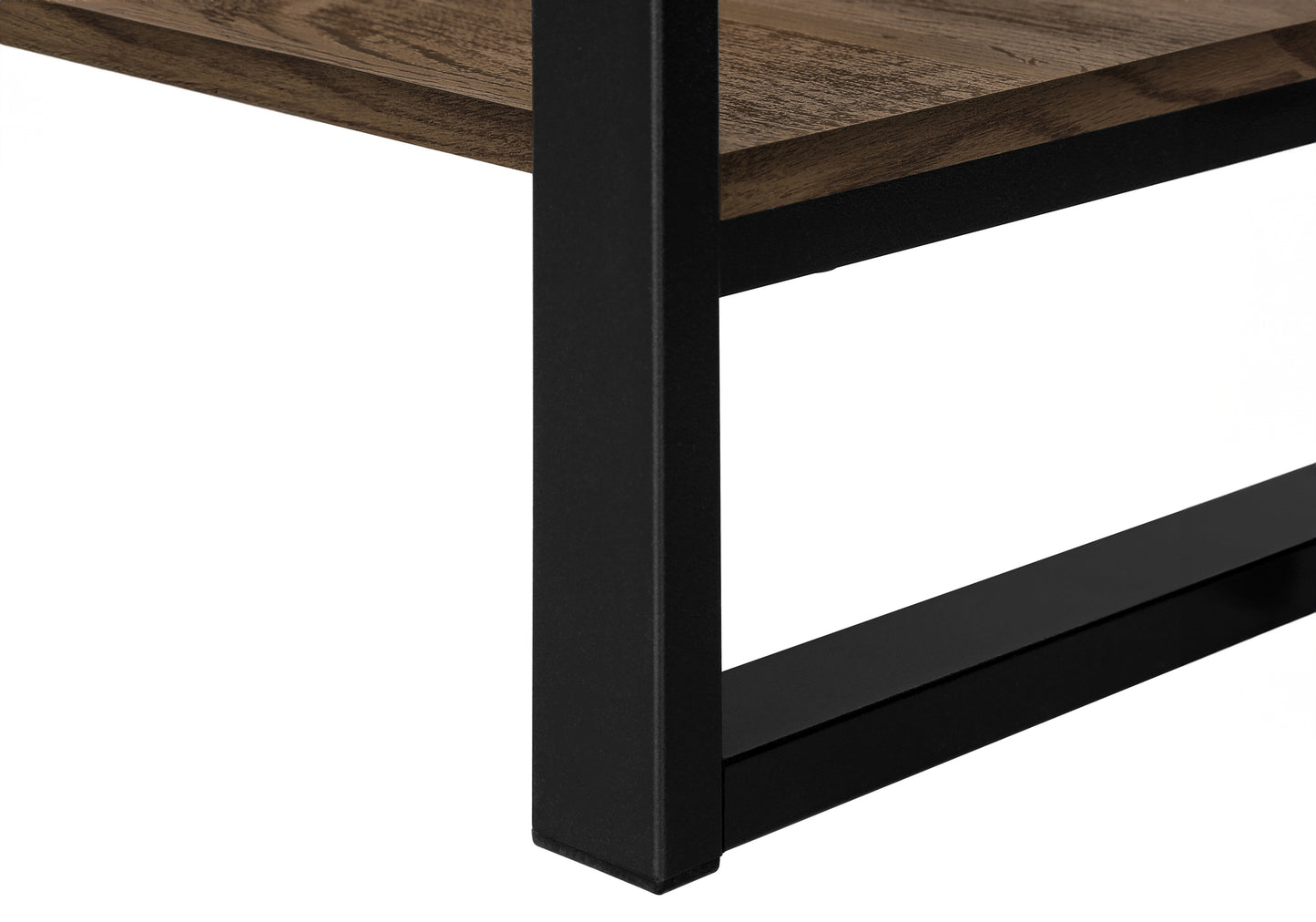 Closeup of a dark wood grain shelf with a black metal frame leg