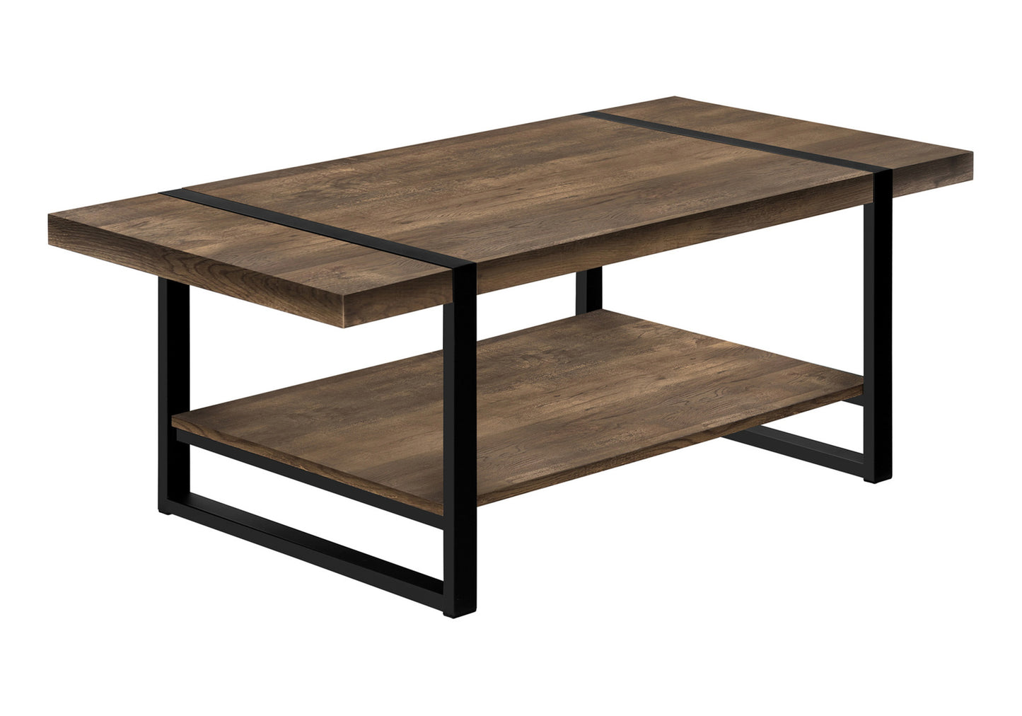 Industrial style brown wood coffee table with black metal frame and two shelves