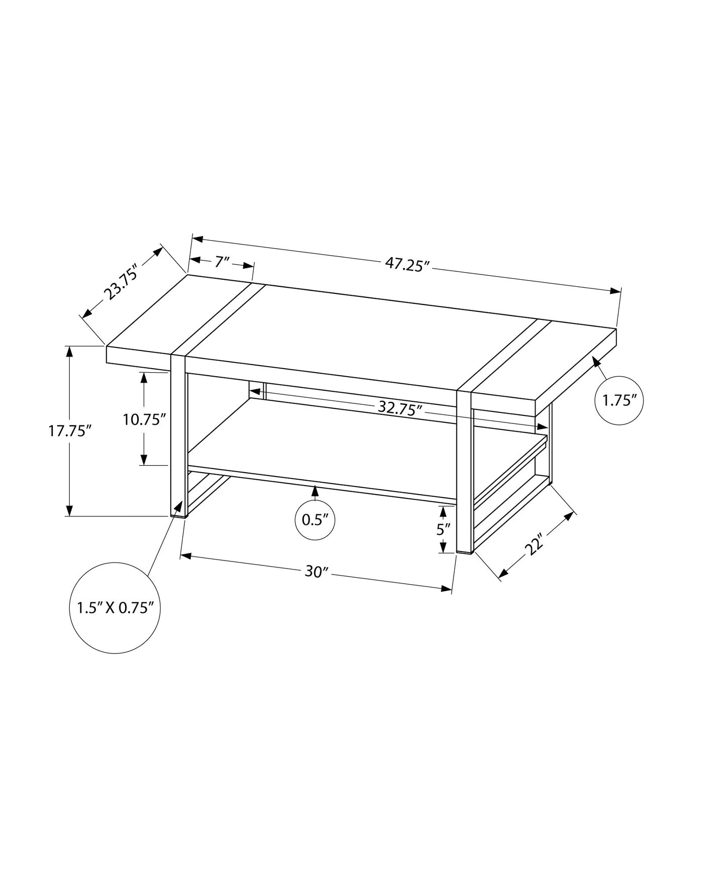 Line drawing of a modern coffee table with dimensions L x W x H