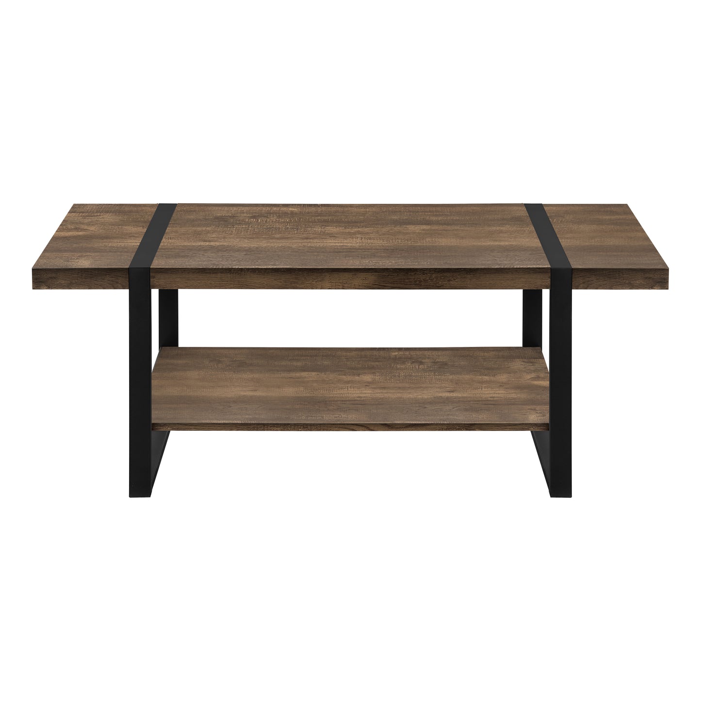Rustic brown wood coffee table with two shelves and black metal frame