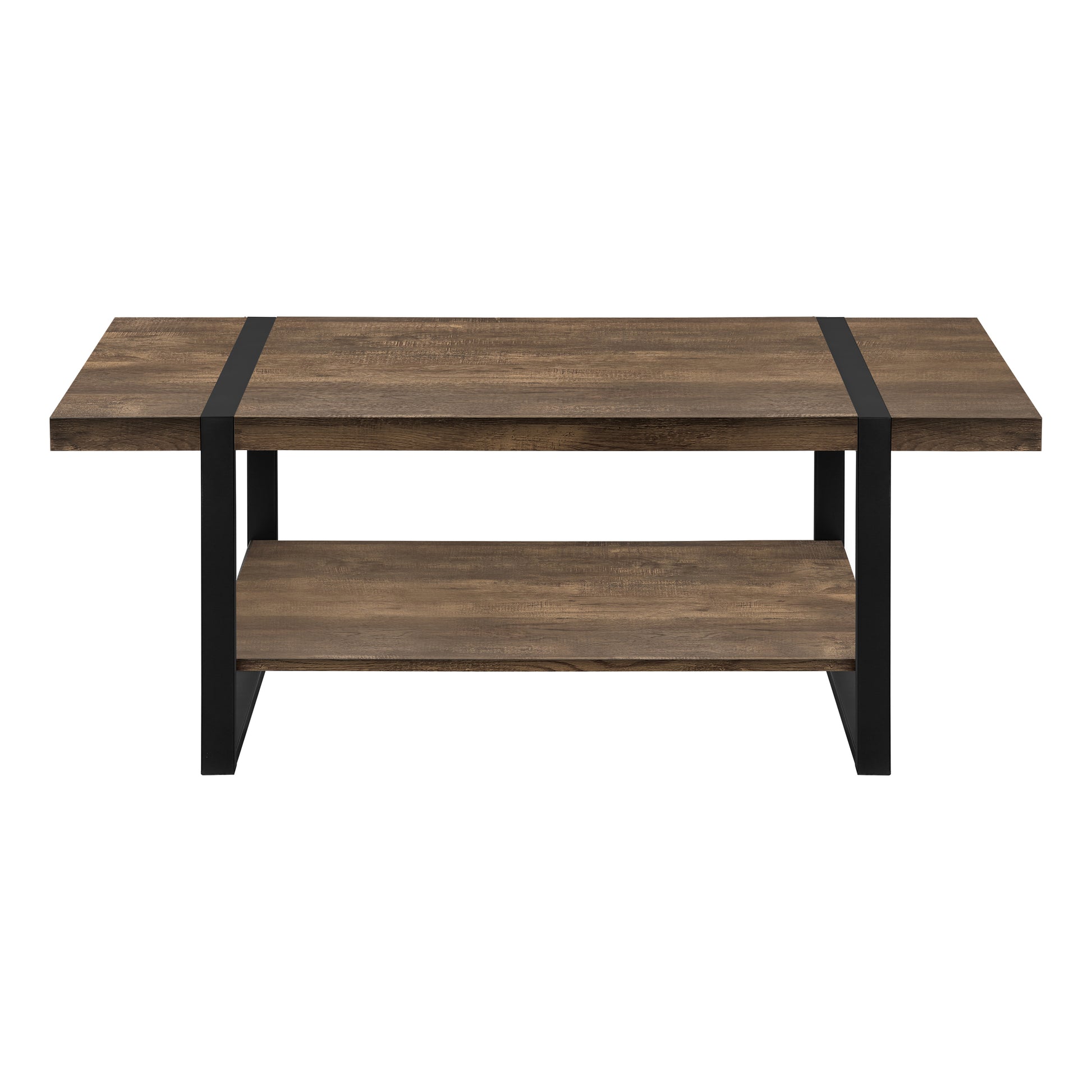 Rustic brown wood coffee table with two shelves and black metal frame