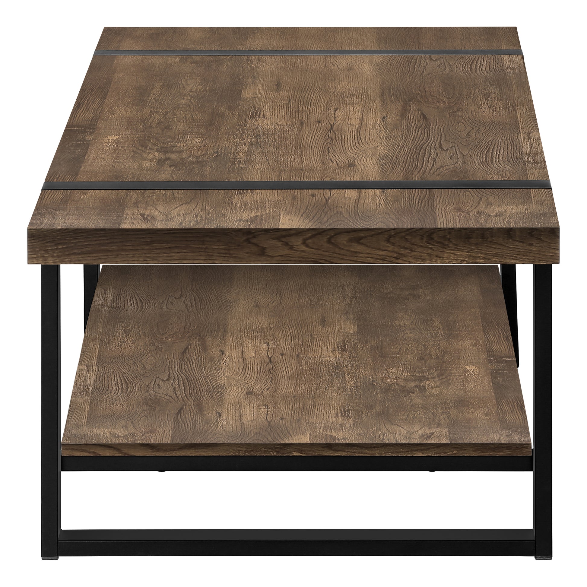 Rustic brown wood coffee table with black metal frame and two shelves