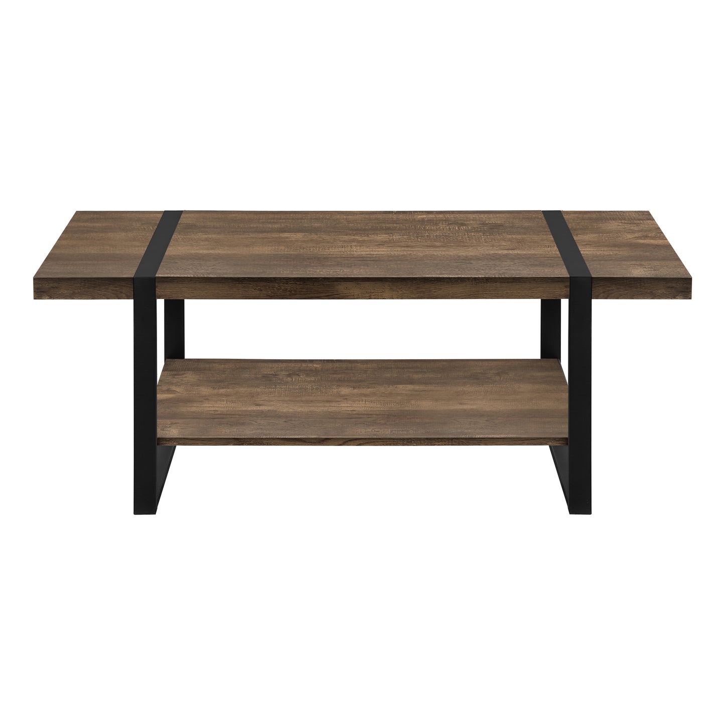 Twotier rustic wood coffee table with black metal frame and accents