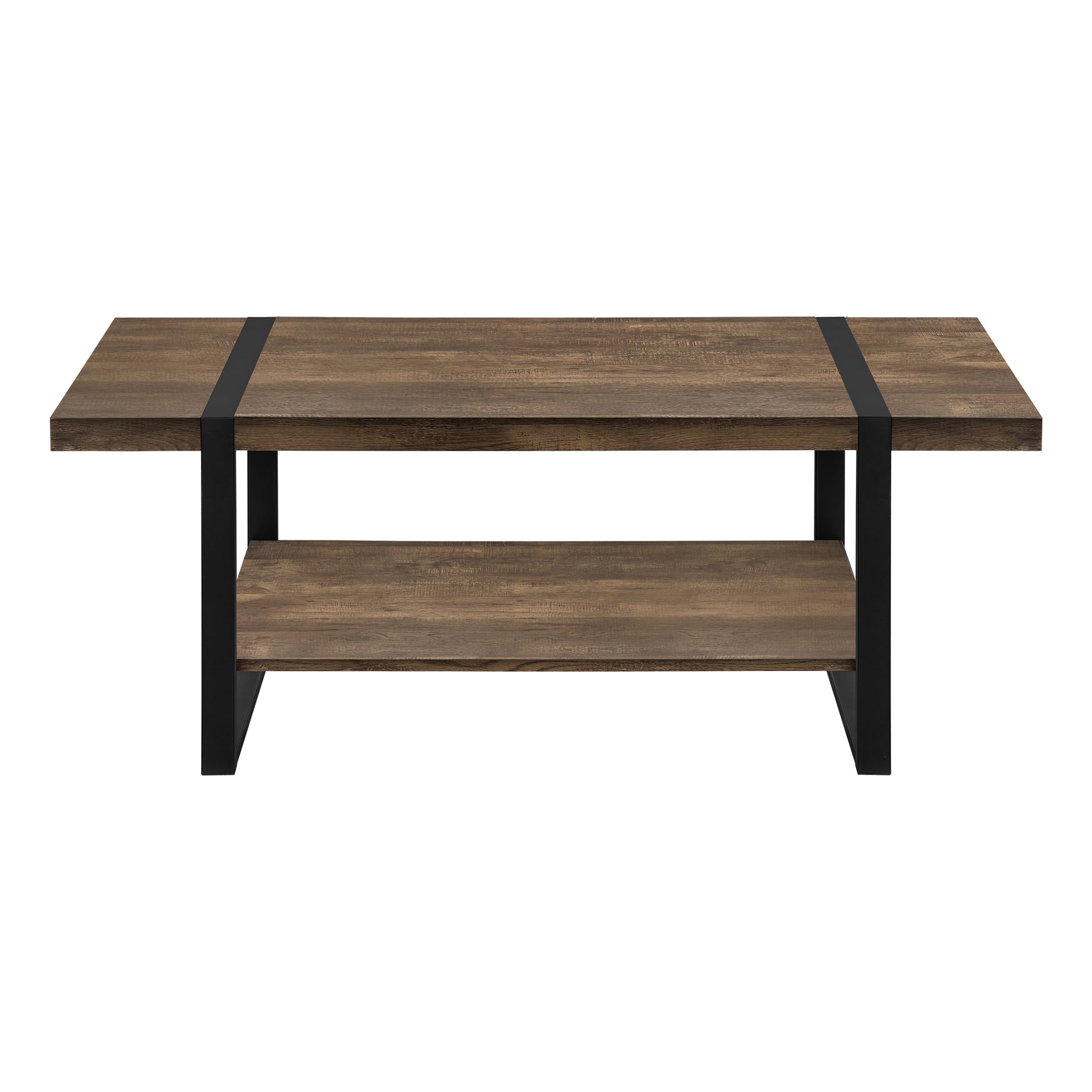 Twotier rustic wood coffee table with black metal frame and accents