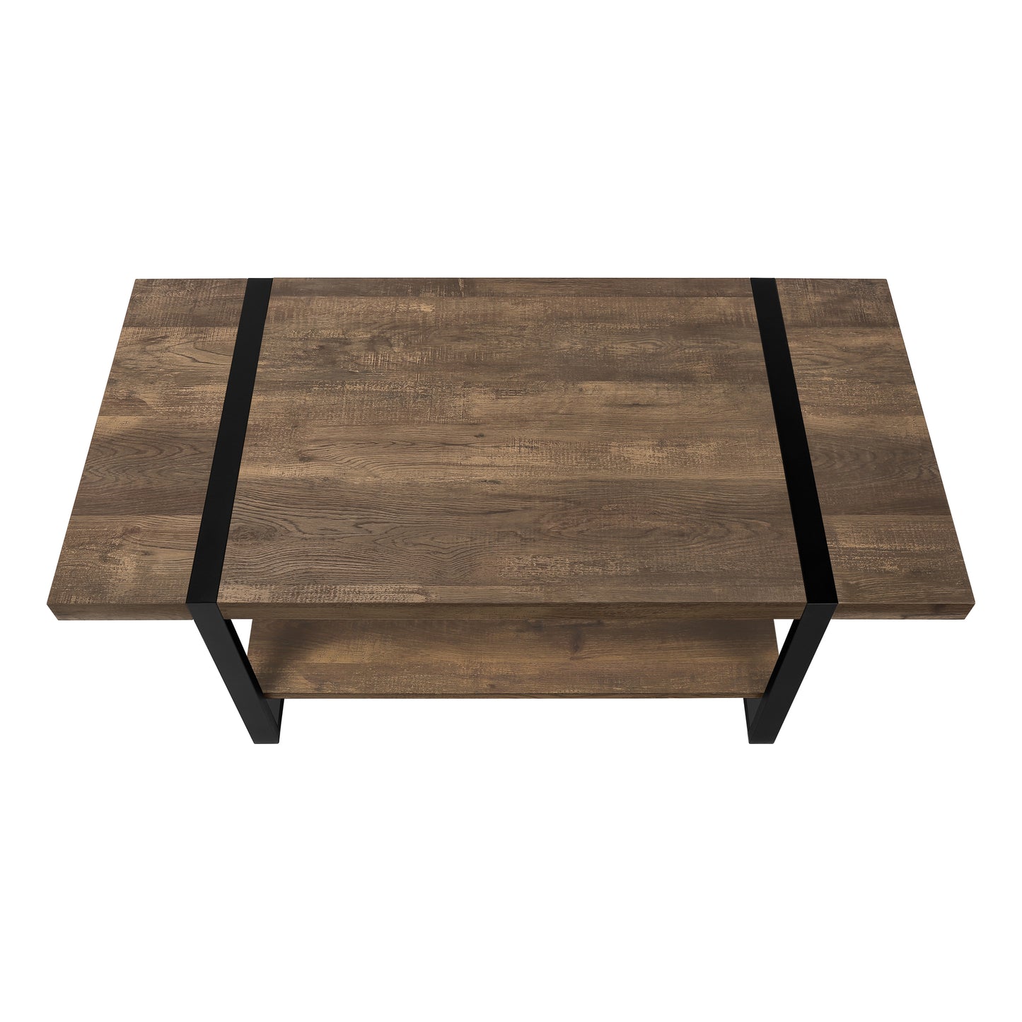 Rustic brown wood coffee table with black metal frame and lower shelf