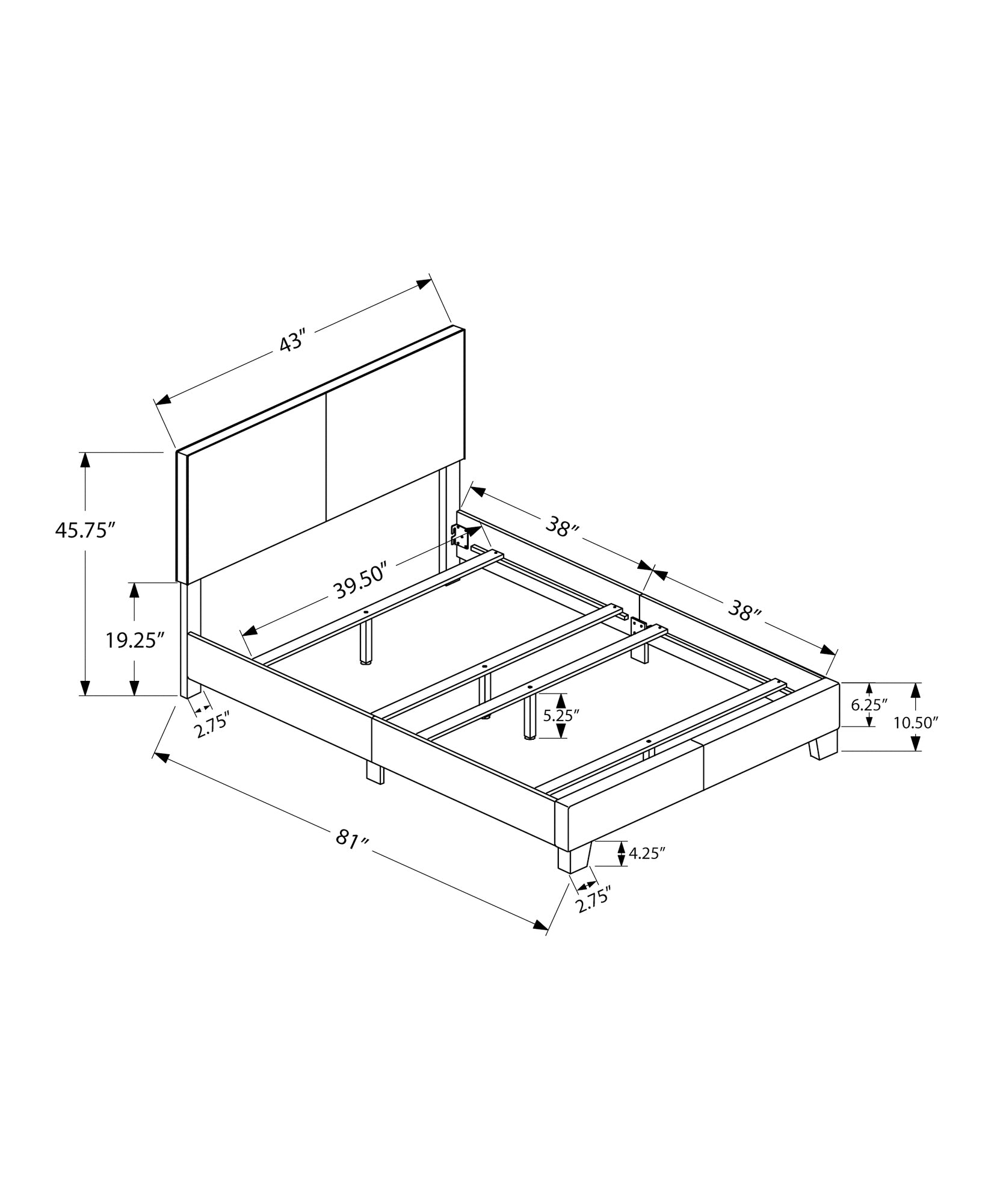 Line drawing of a modern platform bed frame with dimensions labeled