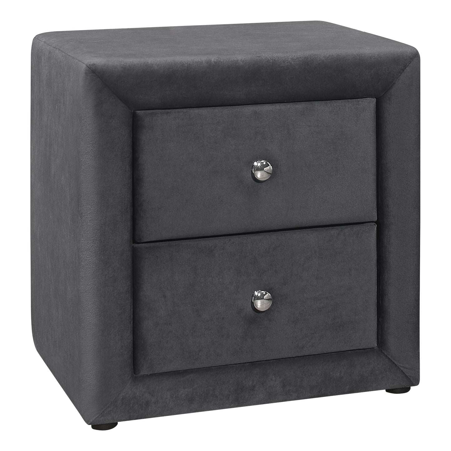 Dark gray velvet nightstand with two drawers and silver knobs