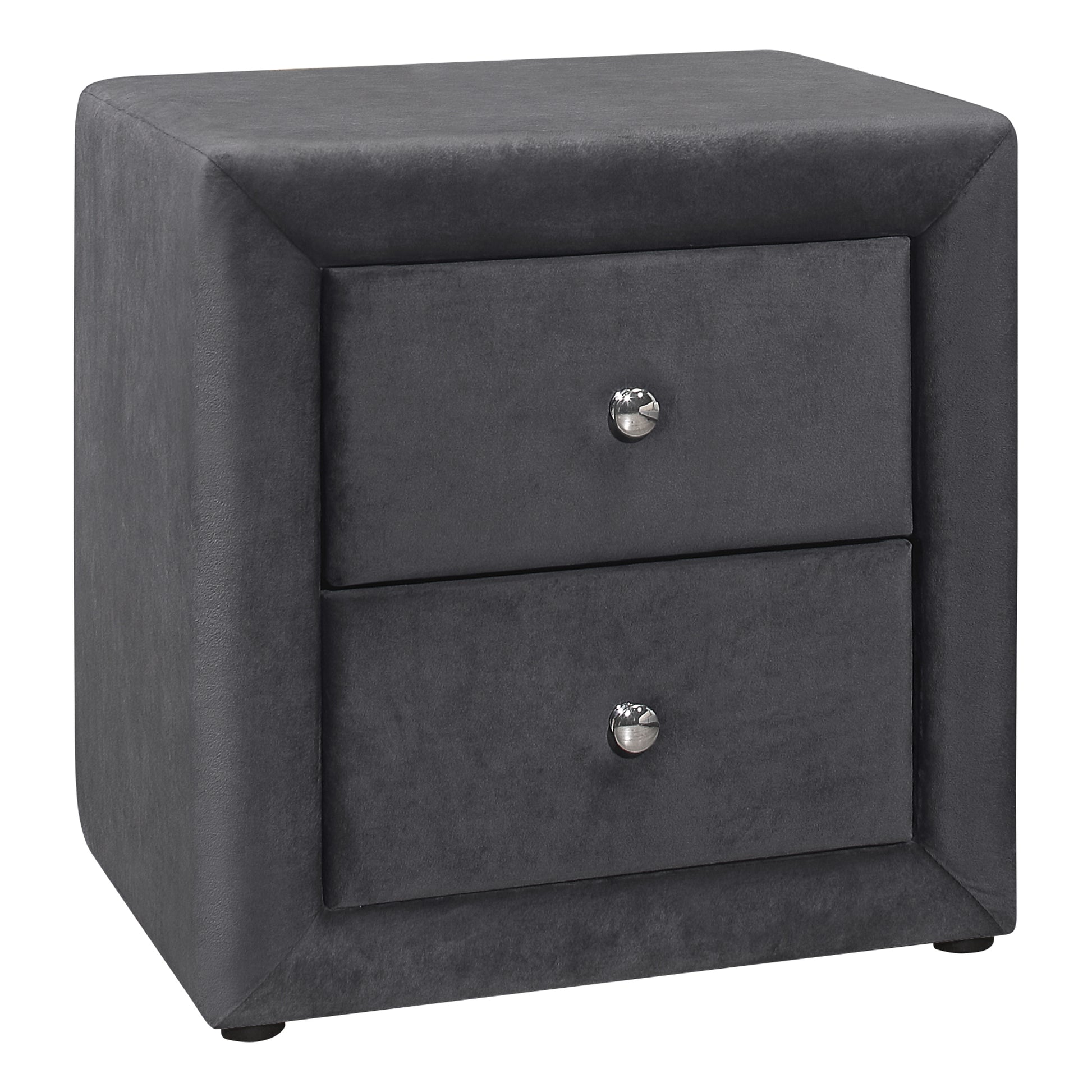 Dark gray velvet nightstand with two drawers and silver knobs