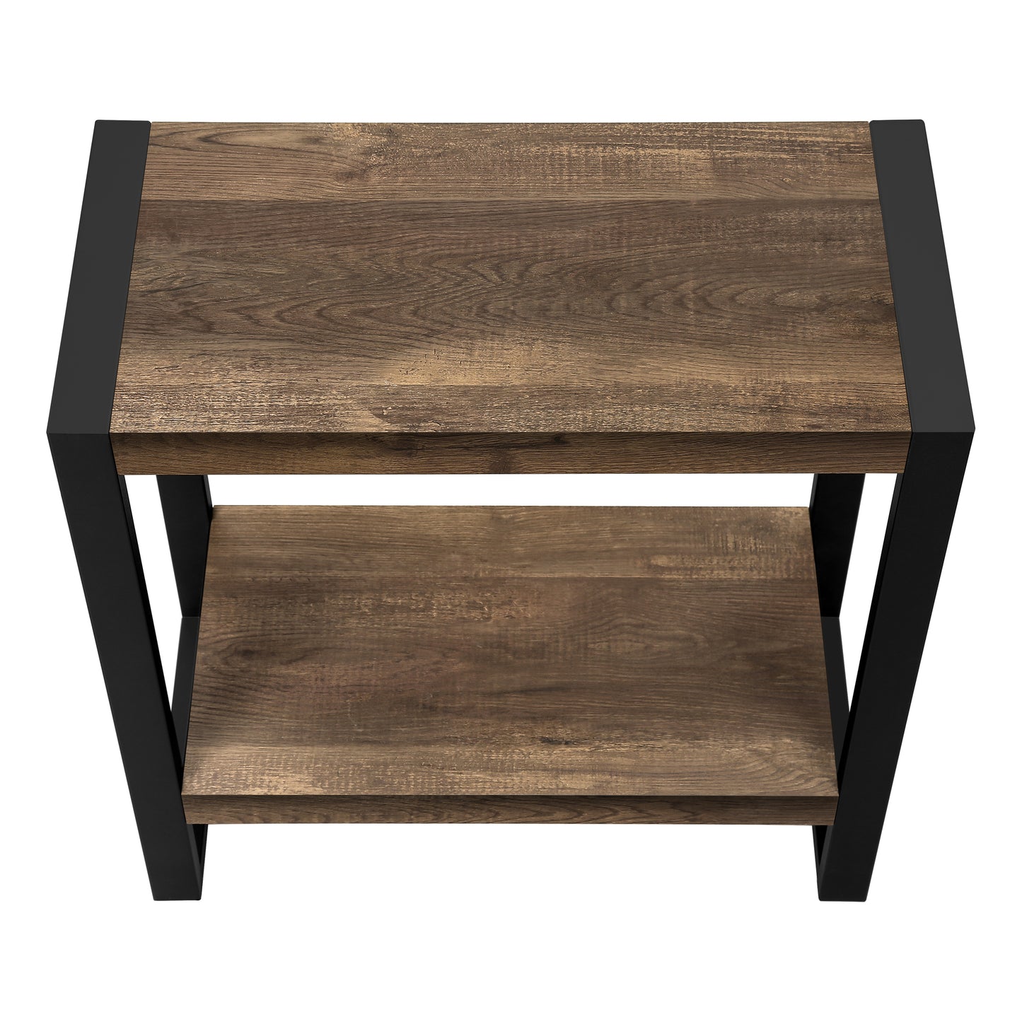 Rustic oak veneer twotier side table with black metal frame for modern living rooms