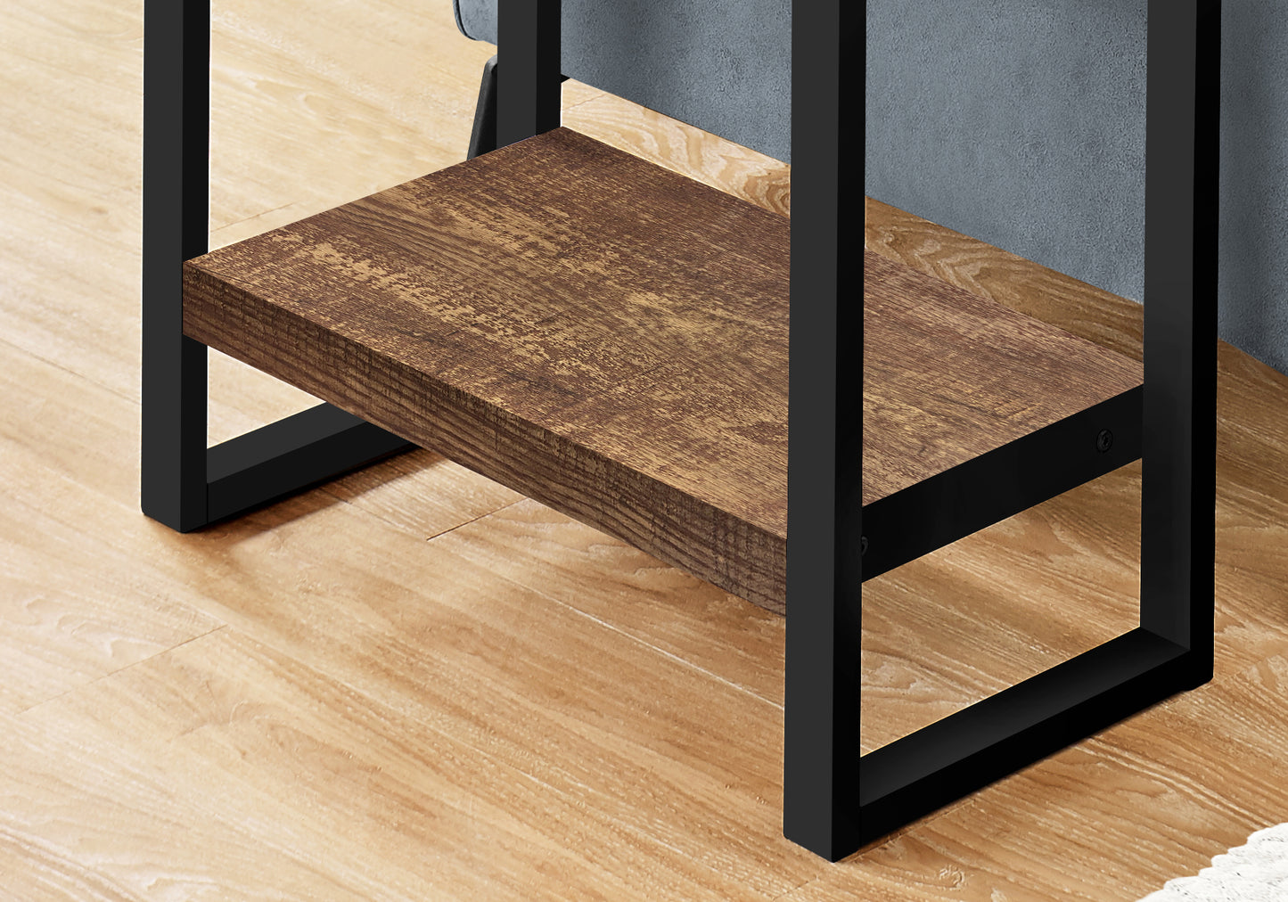 Rustic brown wood shelf with black metal frame end table