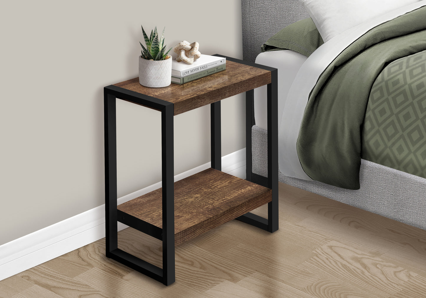 Industrial style nightstand with rustic wood top and black metal frame