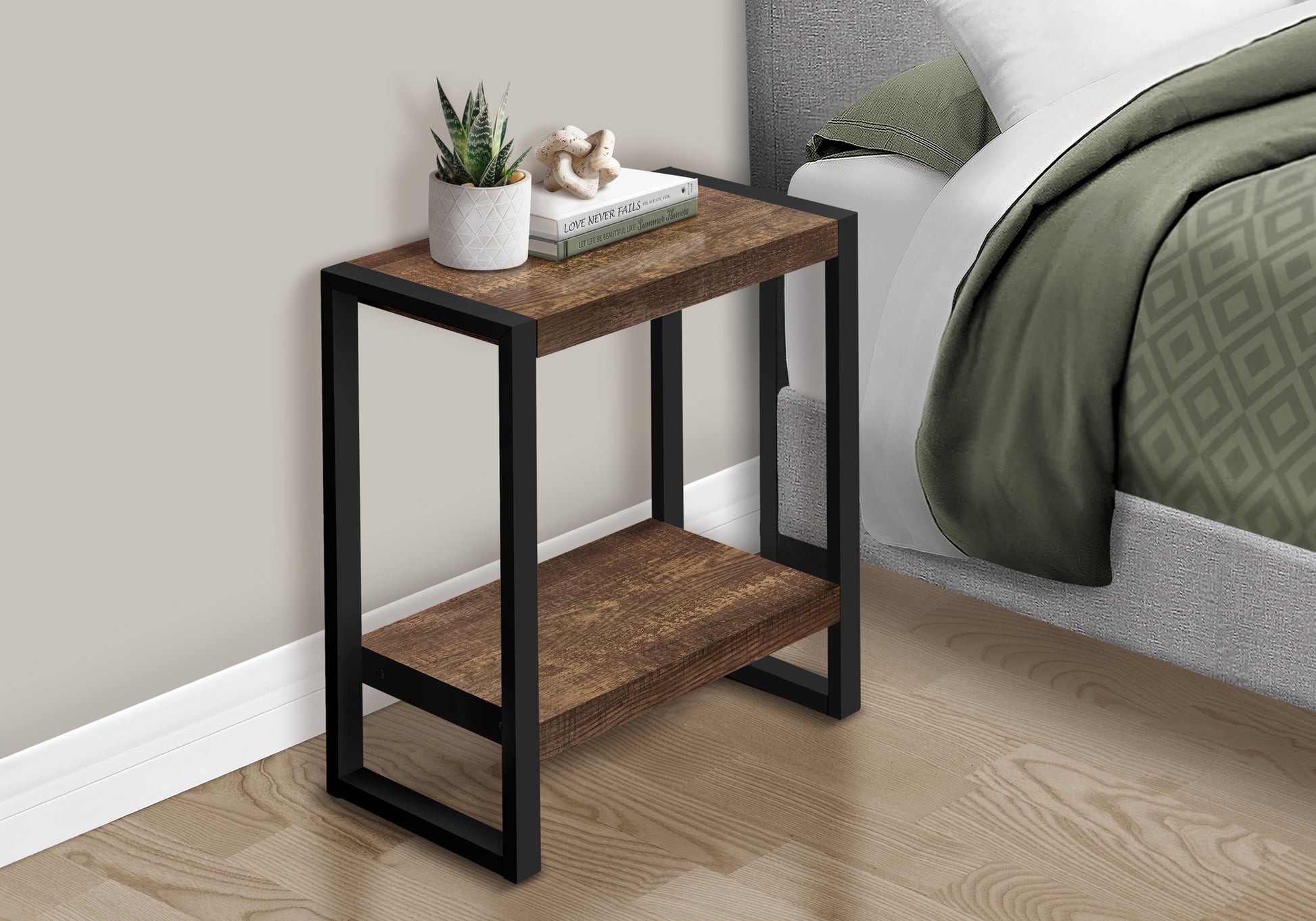 Industrial style nightstand with rustic wood top and black metal frame