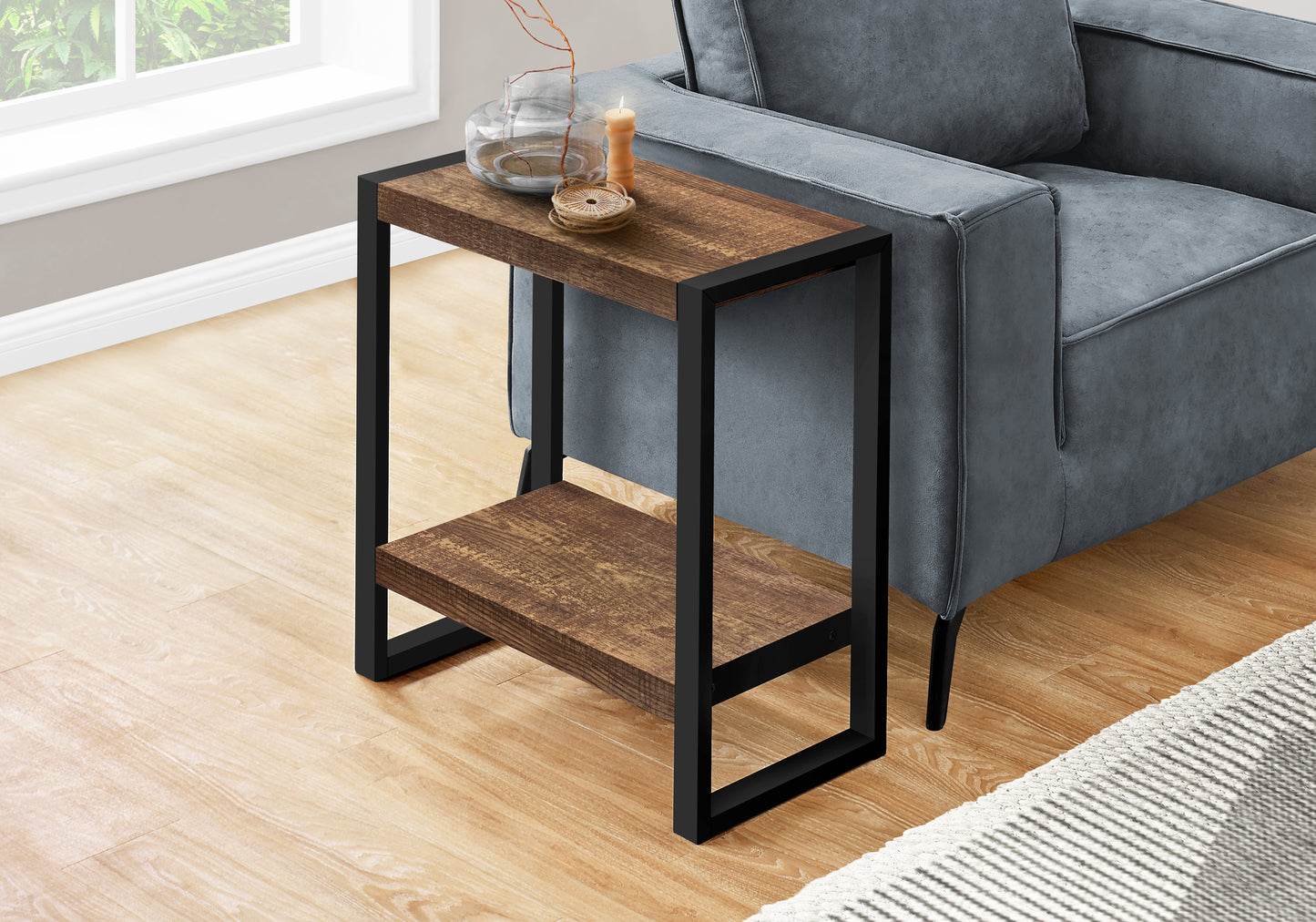 Rustic brown wood metal end table with two shelves perfect for small spaces