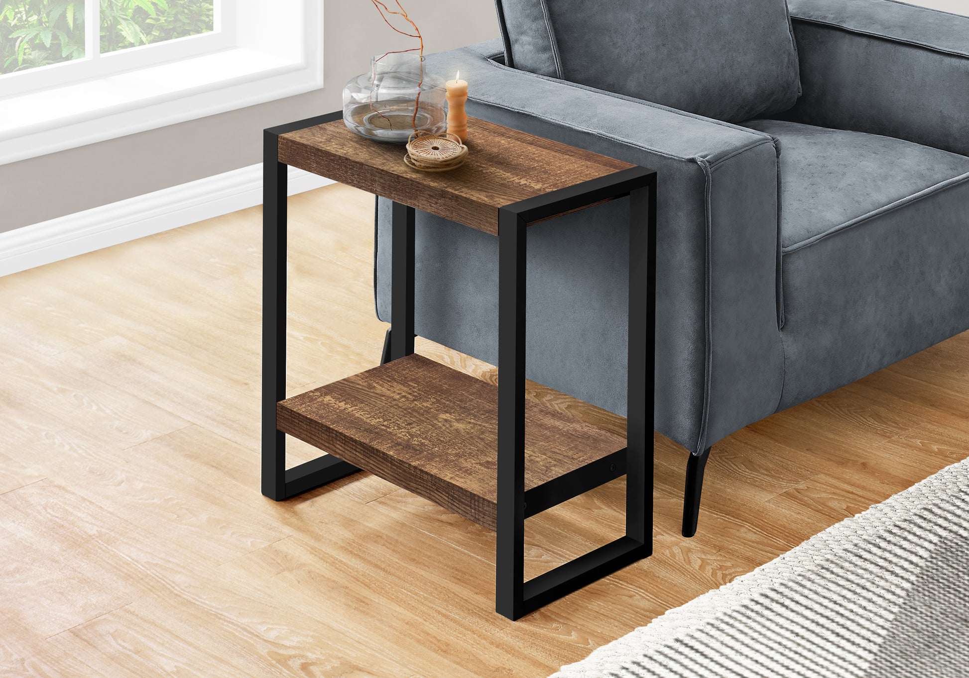 Rustic brown wood metal end table with two shelves perfect for small spaces