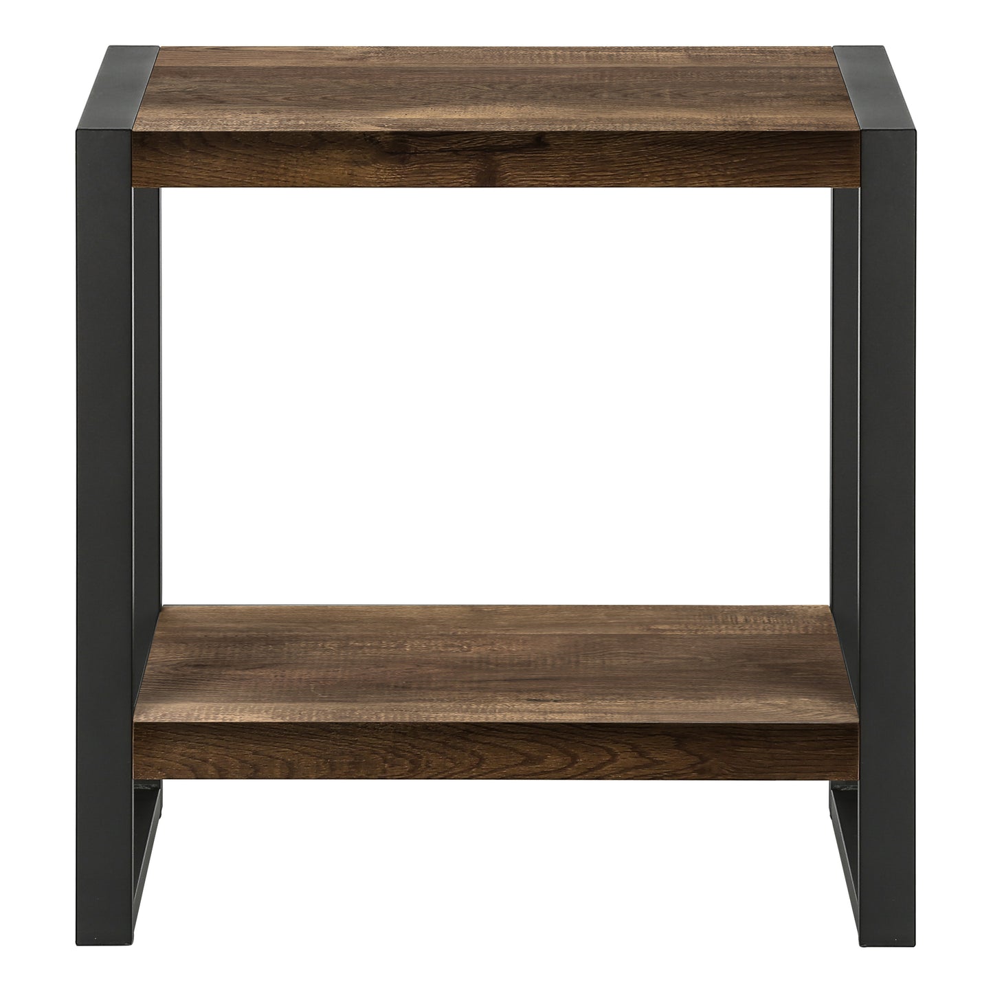 Dark wood end table with black metal frame and two shelves perfect for living rooms