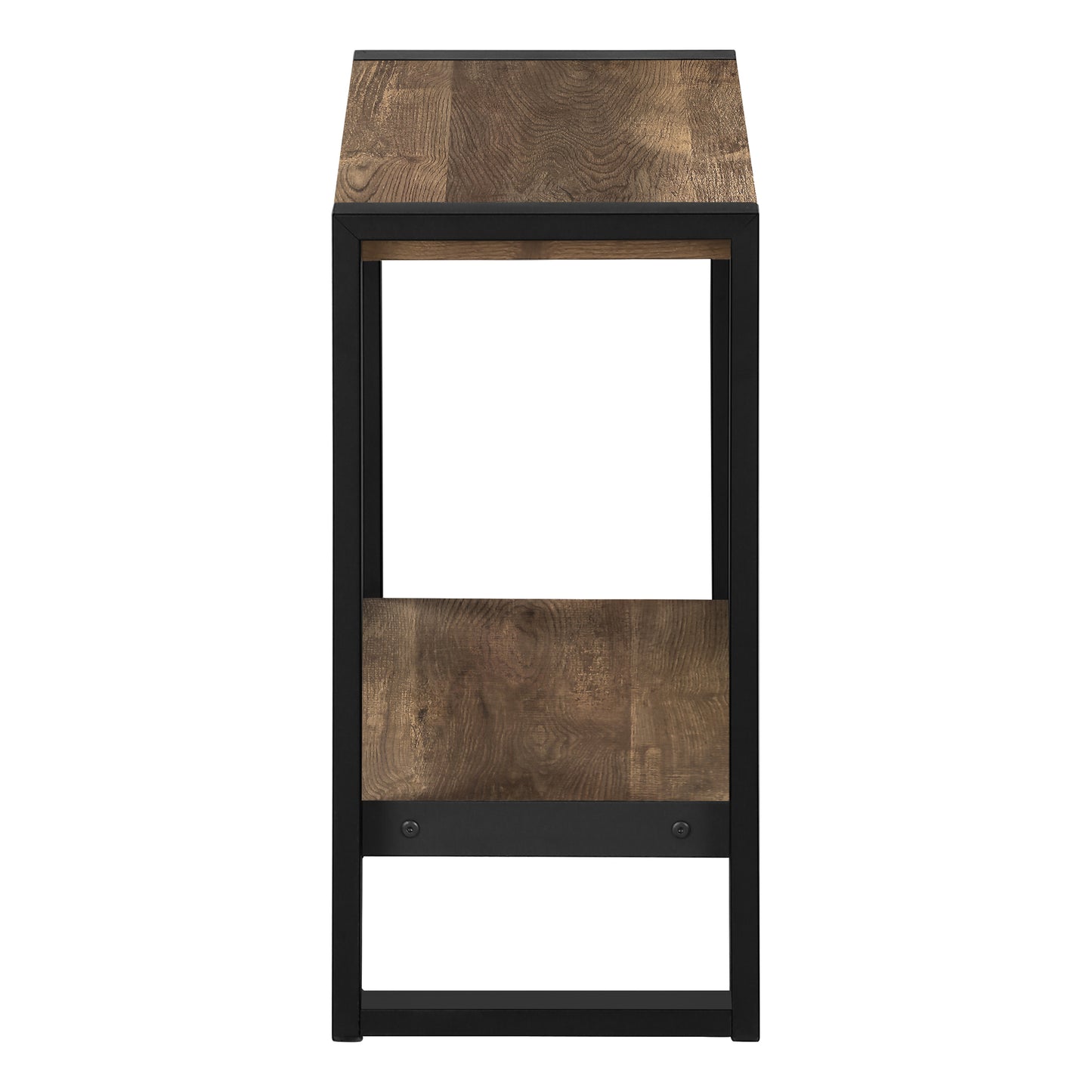 Rustic brown wood and black metal bar stool with open shelving