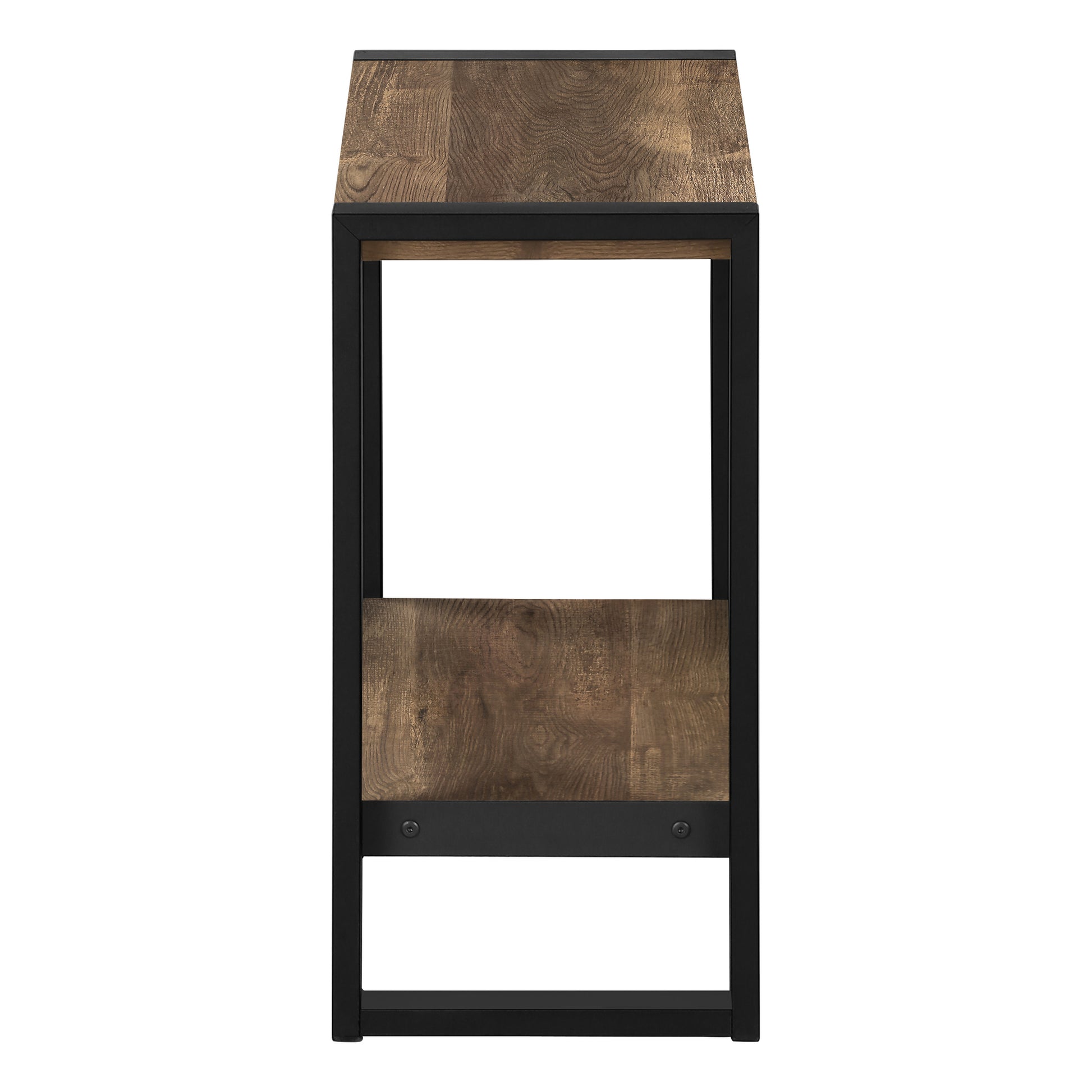 Rustic brown wood and black metal bar stool with open shelving