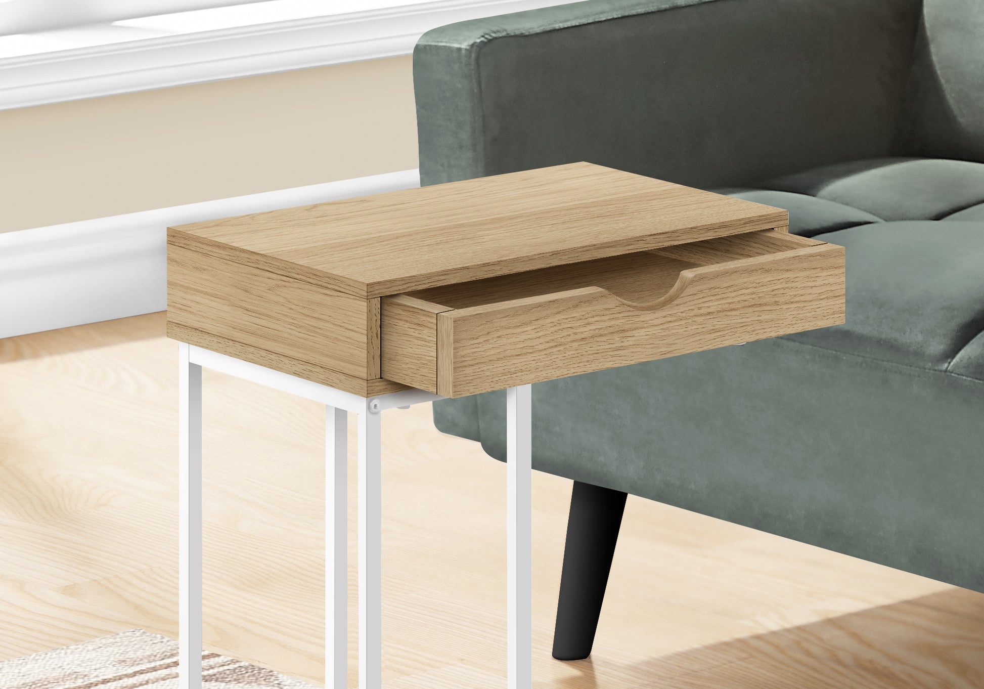 Compact oak side table with open drawer perfect for living rooms