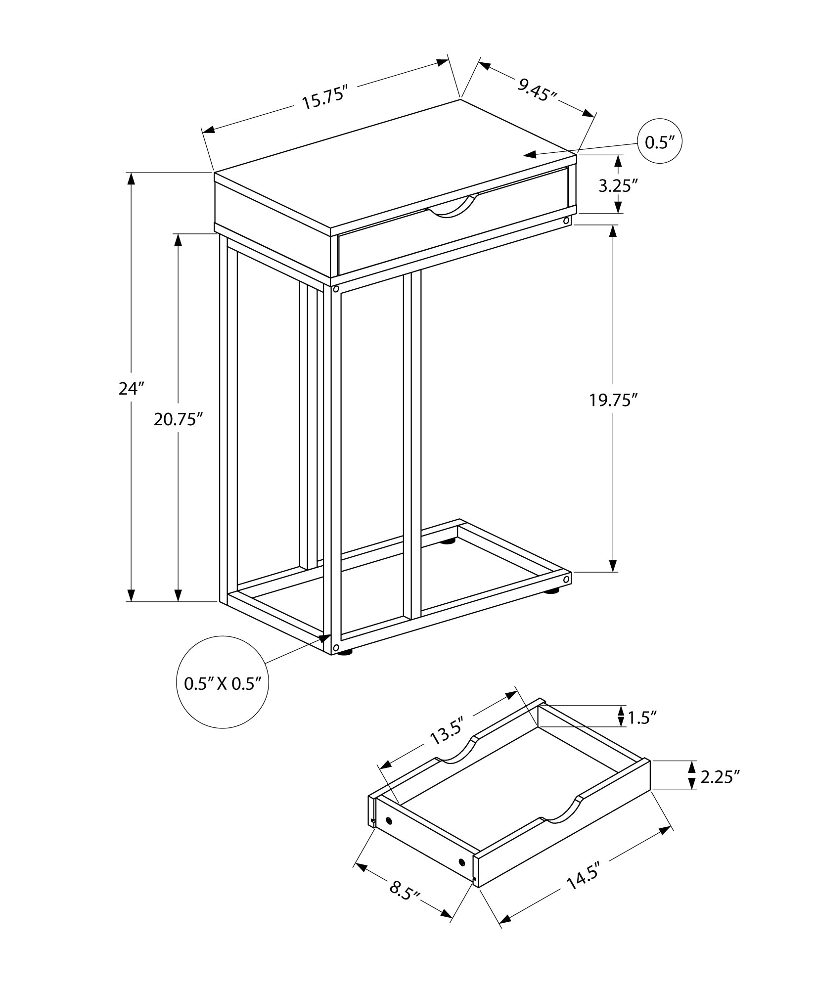 Line drawing of a modern Ctable  W x  D x  H with a single drawer