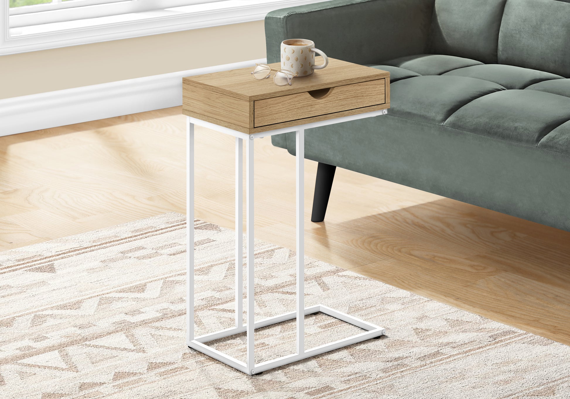 Wooden ctable with white metal frame and single drawer ideal for living rooms
