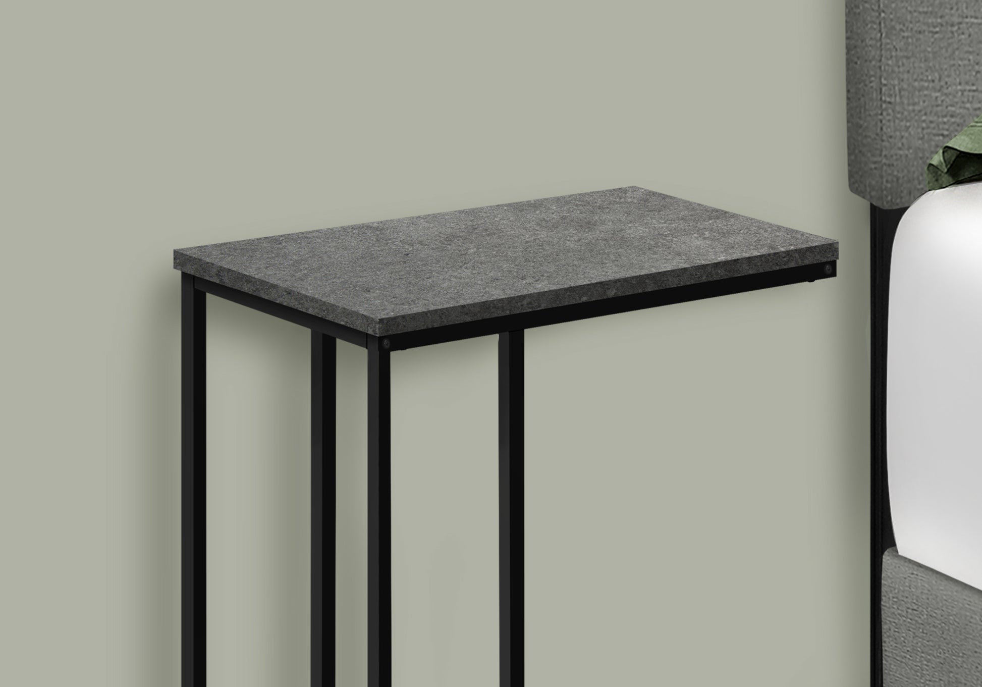 Modern gray granite side table with black metal legs