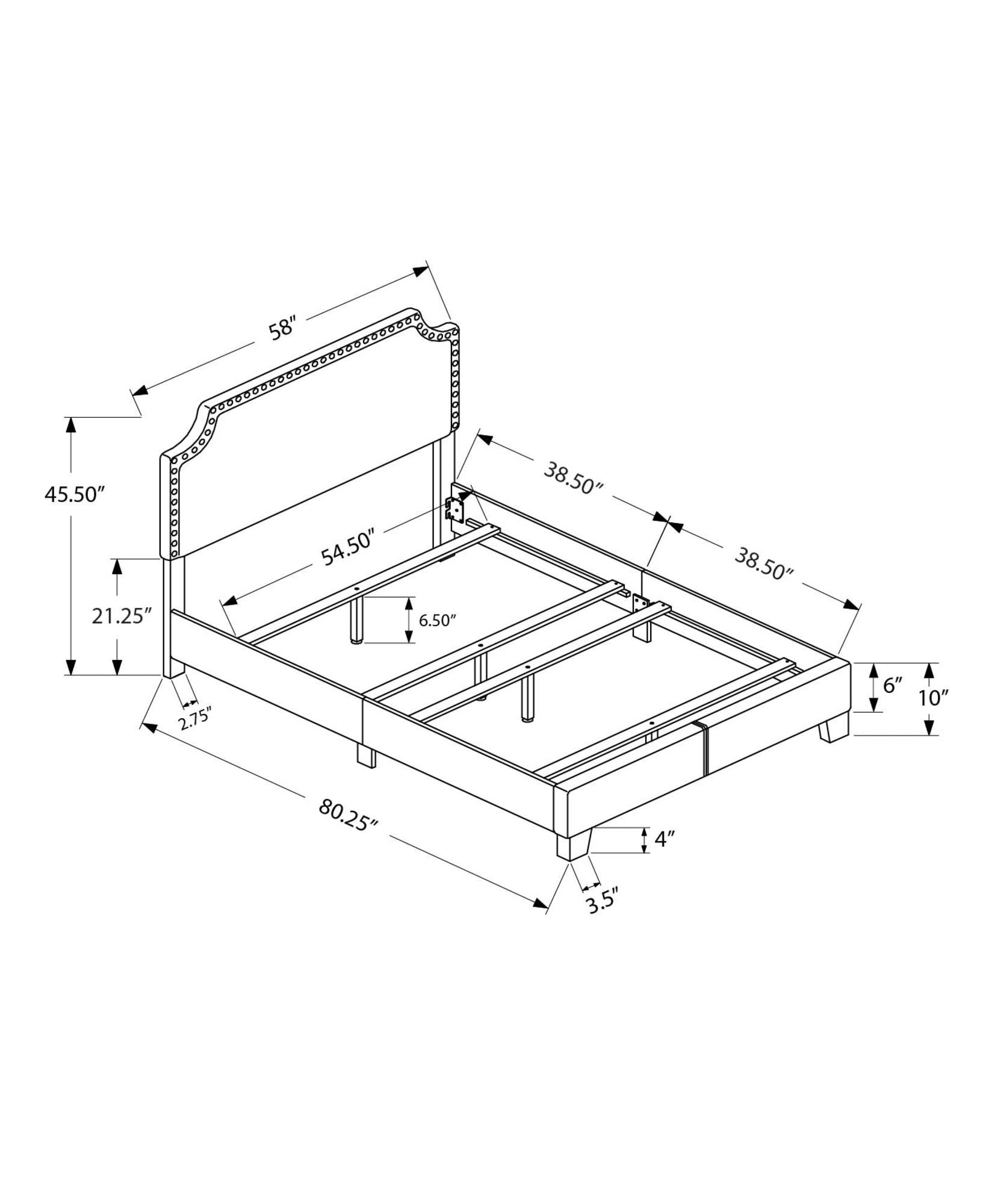 Diagram of a queen size tufted headboard bed frame with dimensions labeled