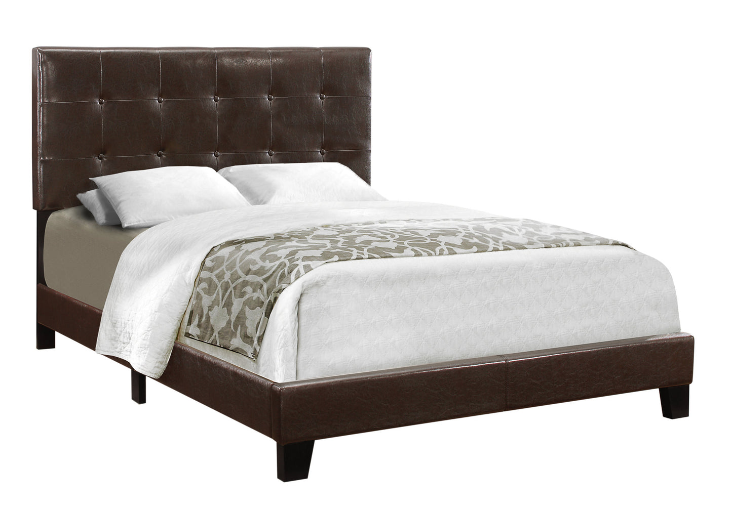 Tufted brown faux leather bed frame with upholstered headboard Queen size