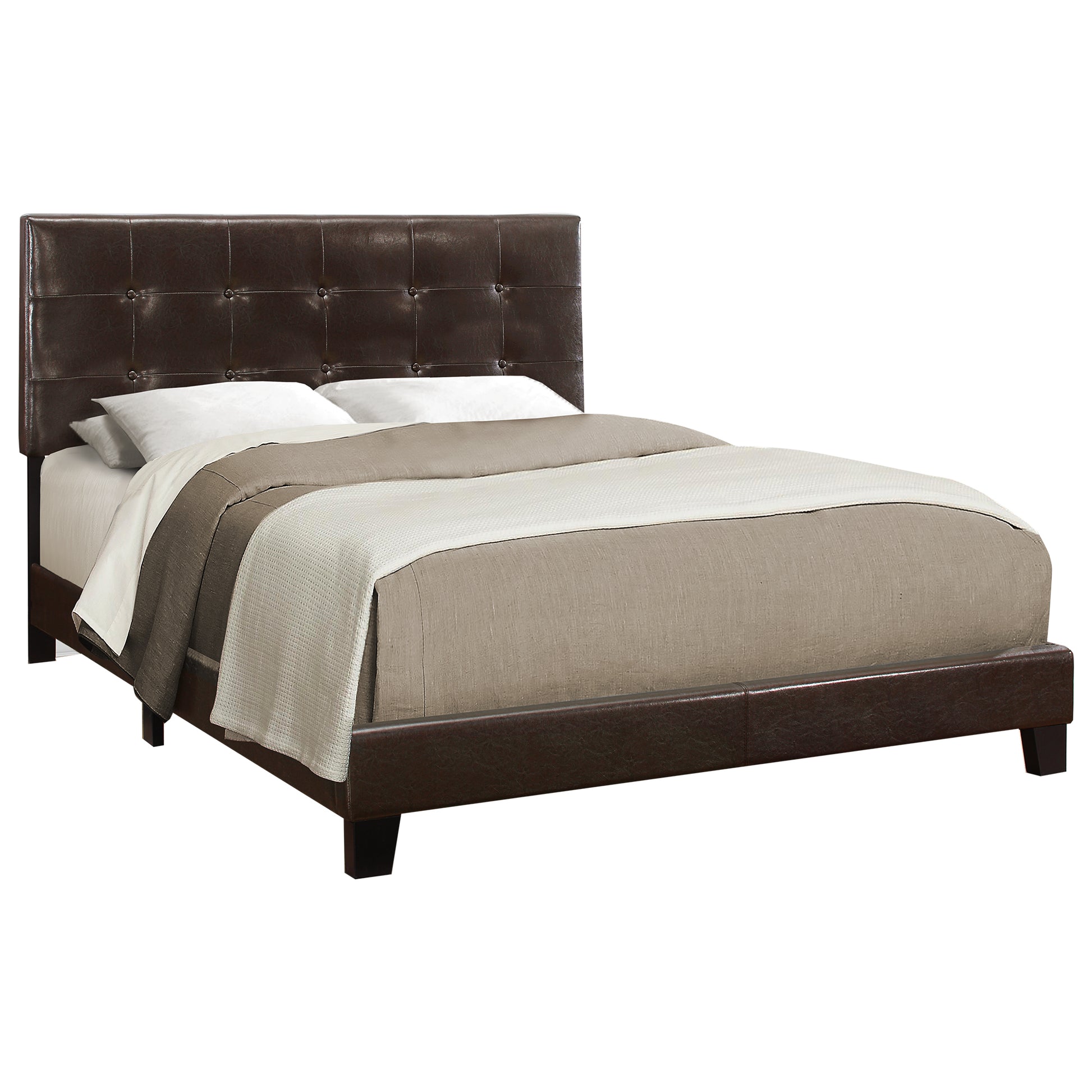Dark brown faux leather tufted headboard platform bed with white and taupe linens