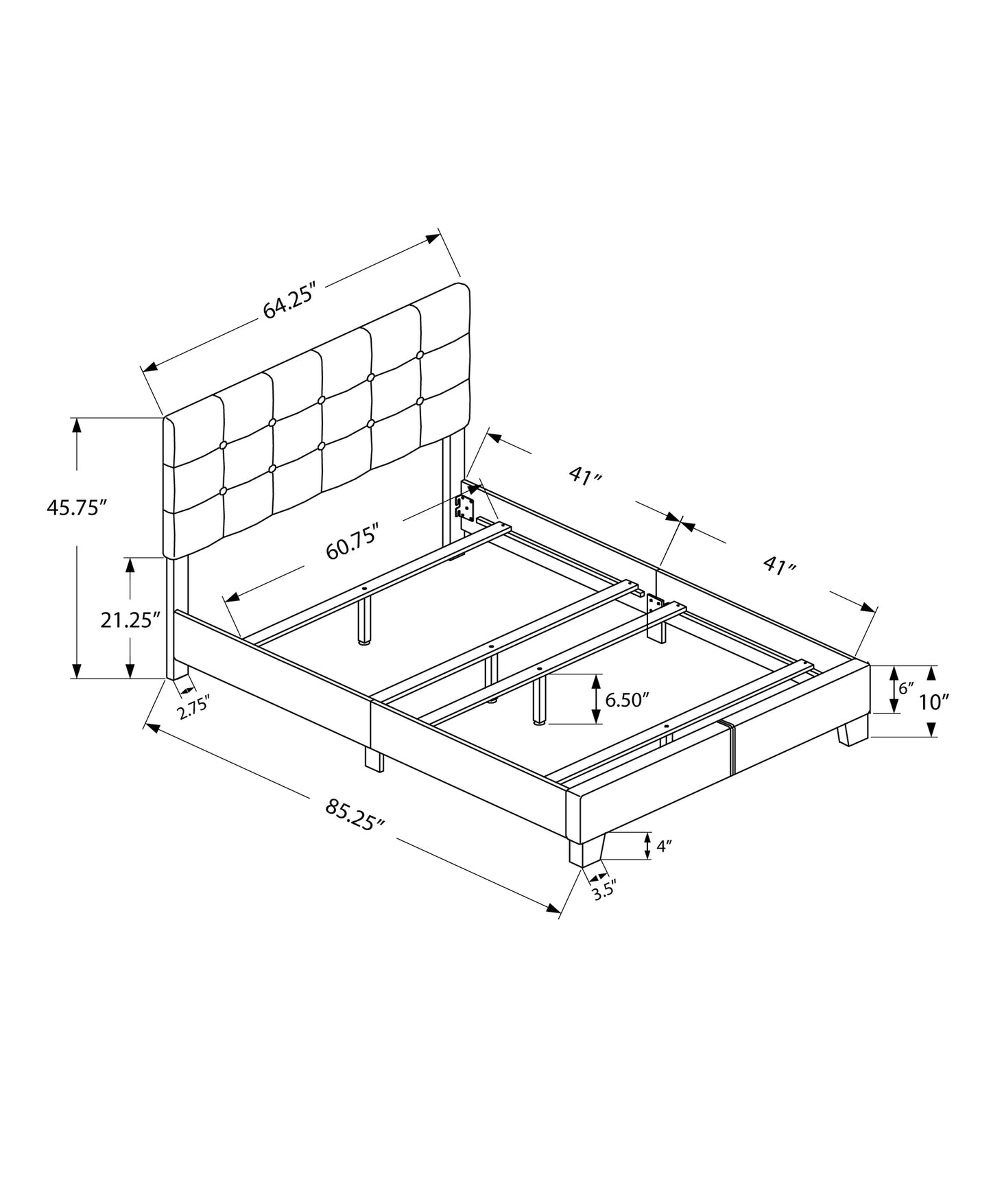 Tufted headboard bed frame king size with detailed dimensions for a modern bedroom