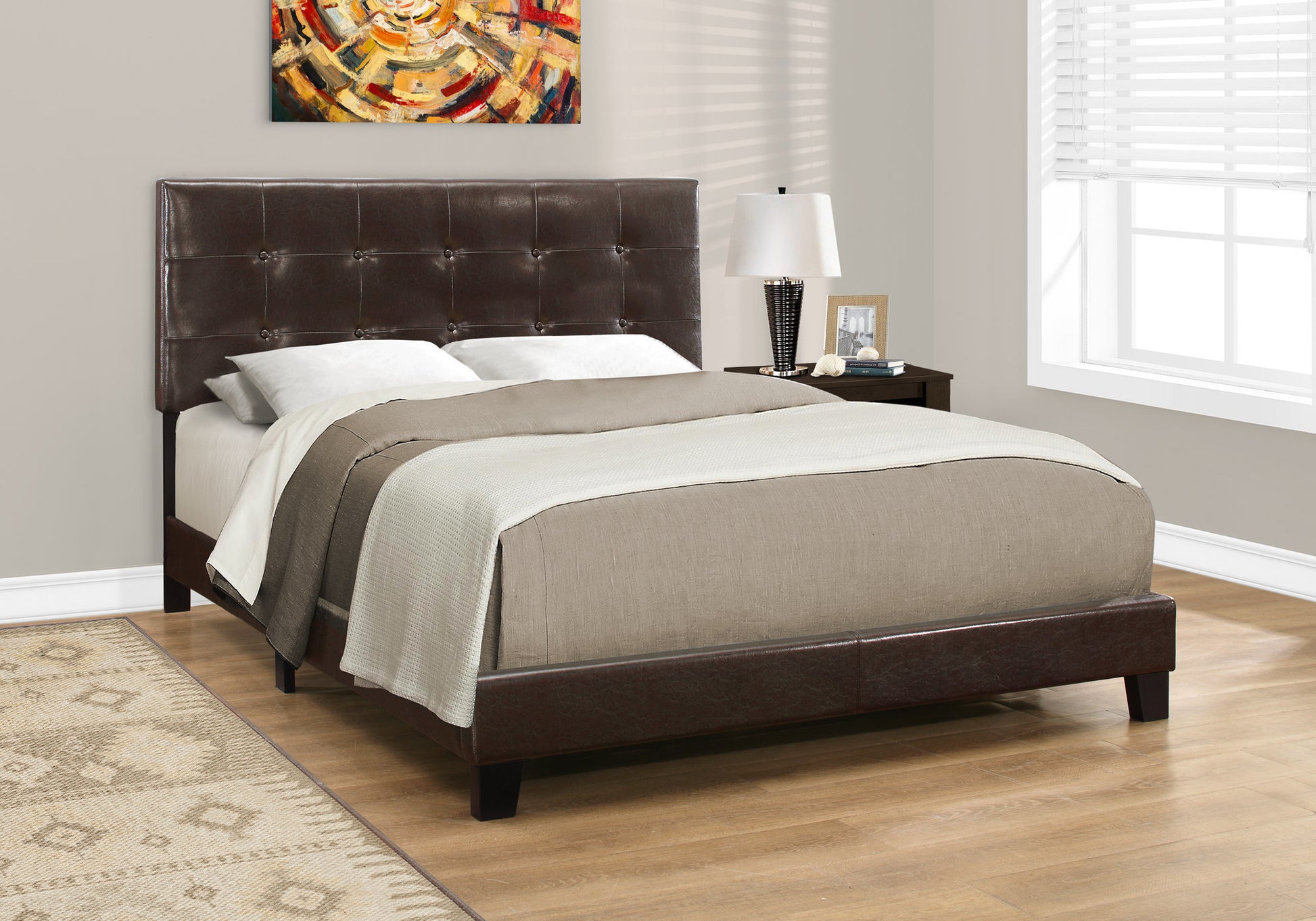Dark brown faux leather tufted headboard platform bed frame