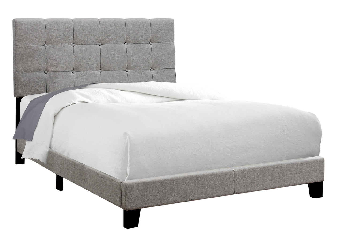 Grey linen upholstered bed frame with tufted headboard queen size