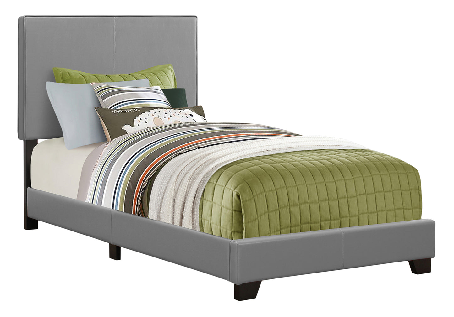 Gray upholstered twin bed frame with a modern headboard and patterned bedding