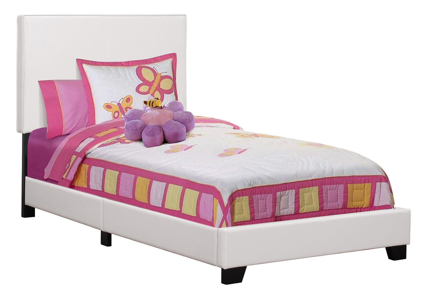 White faux leather twin bed frame with pink butterfly bedding and floral pillow