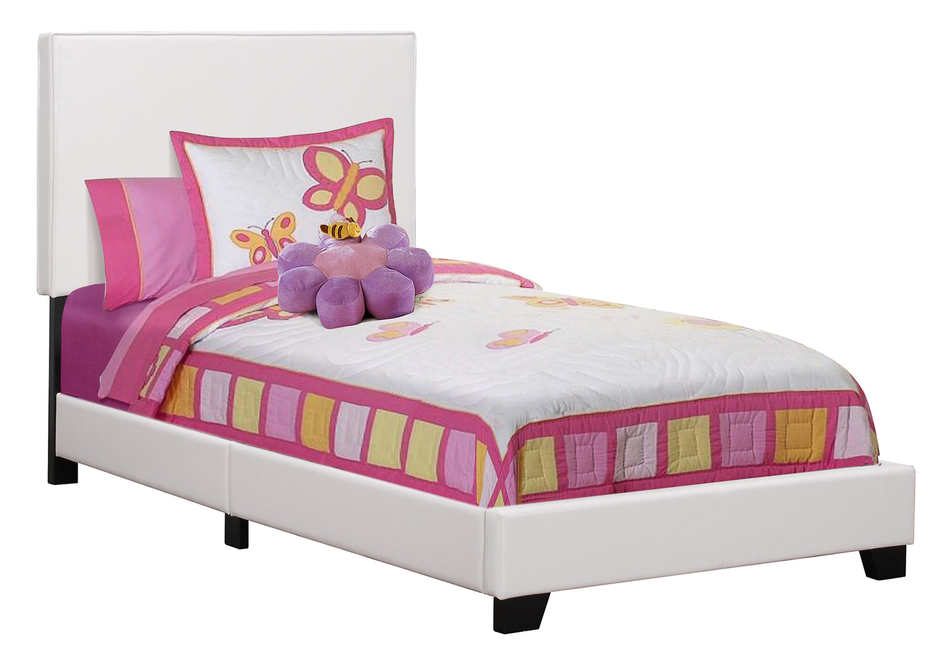 White faux leather twin bed frame with pink butterfly bedding and floral pillow