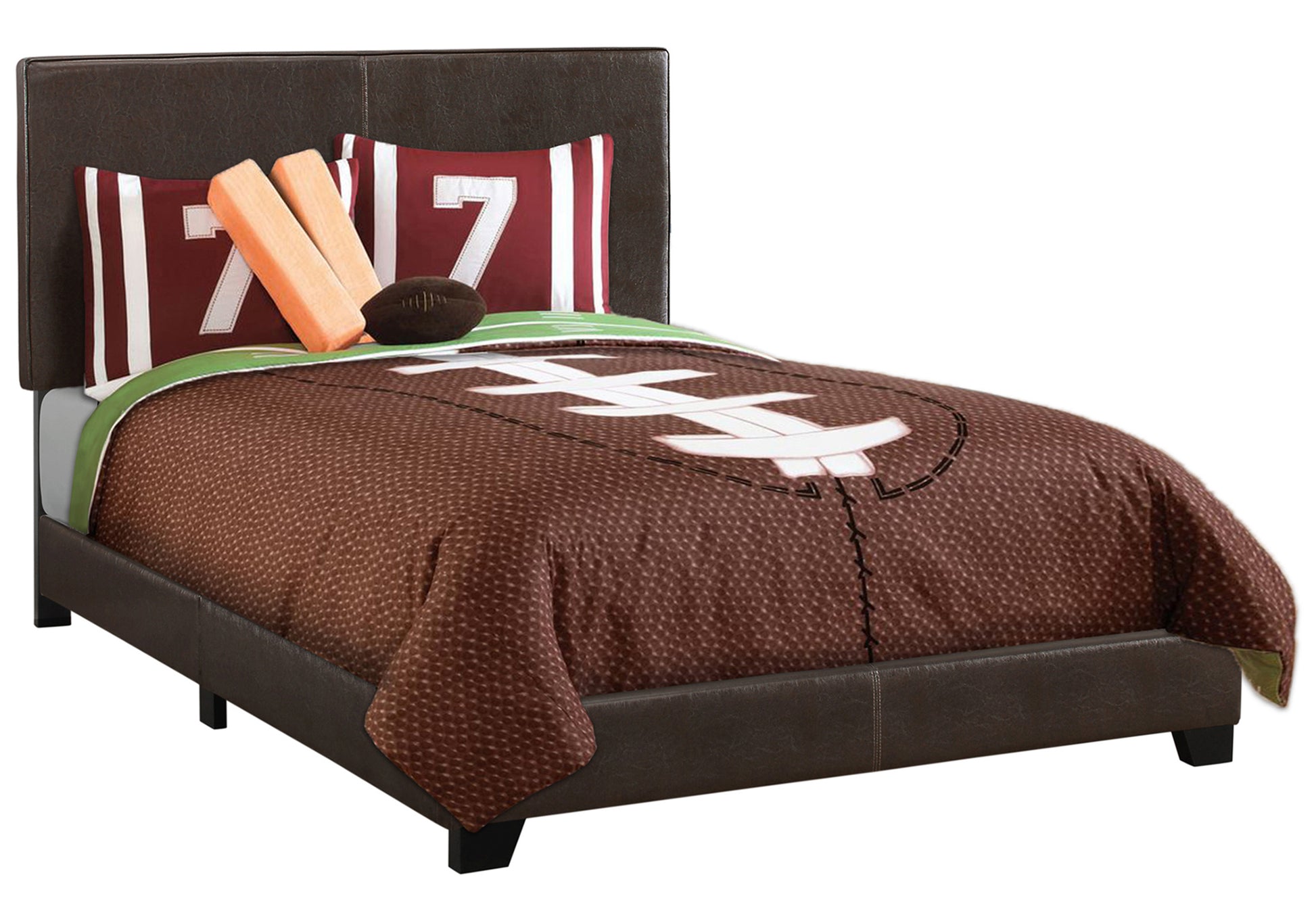 Brown leather upholstered bed frame with footballthemed bedding and accent pillows