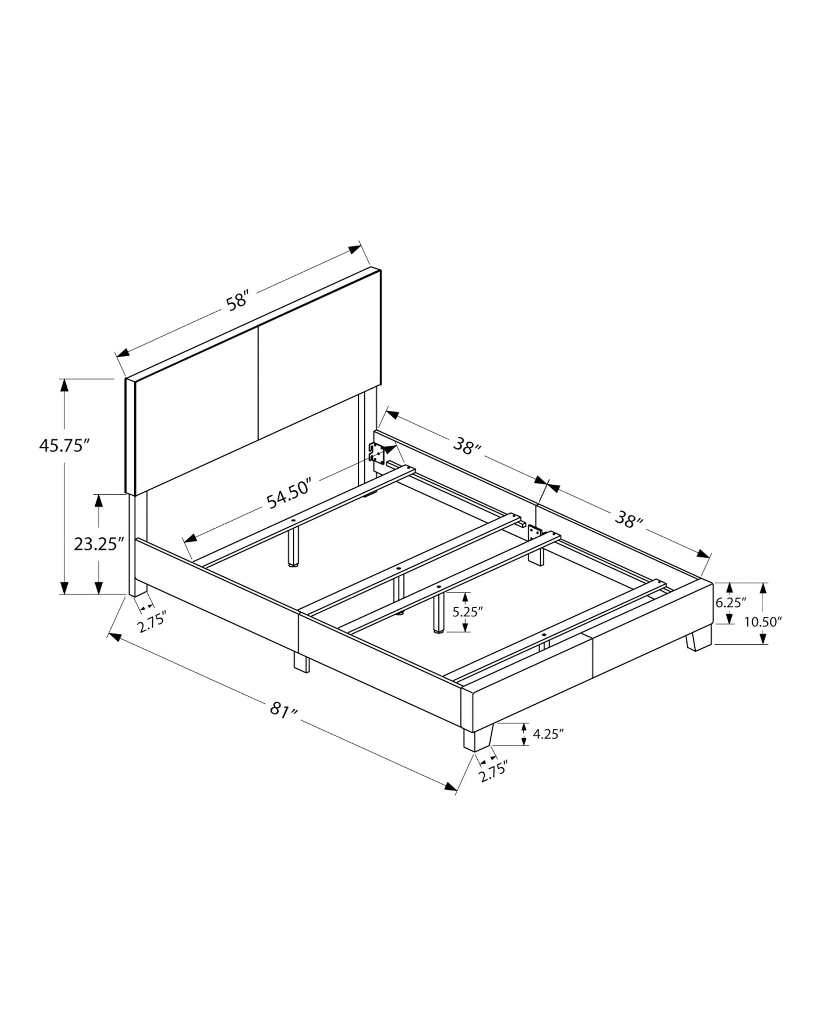 Diagram of a queen bed frame with upholstered headboard and dimensions shown