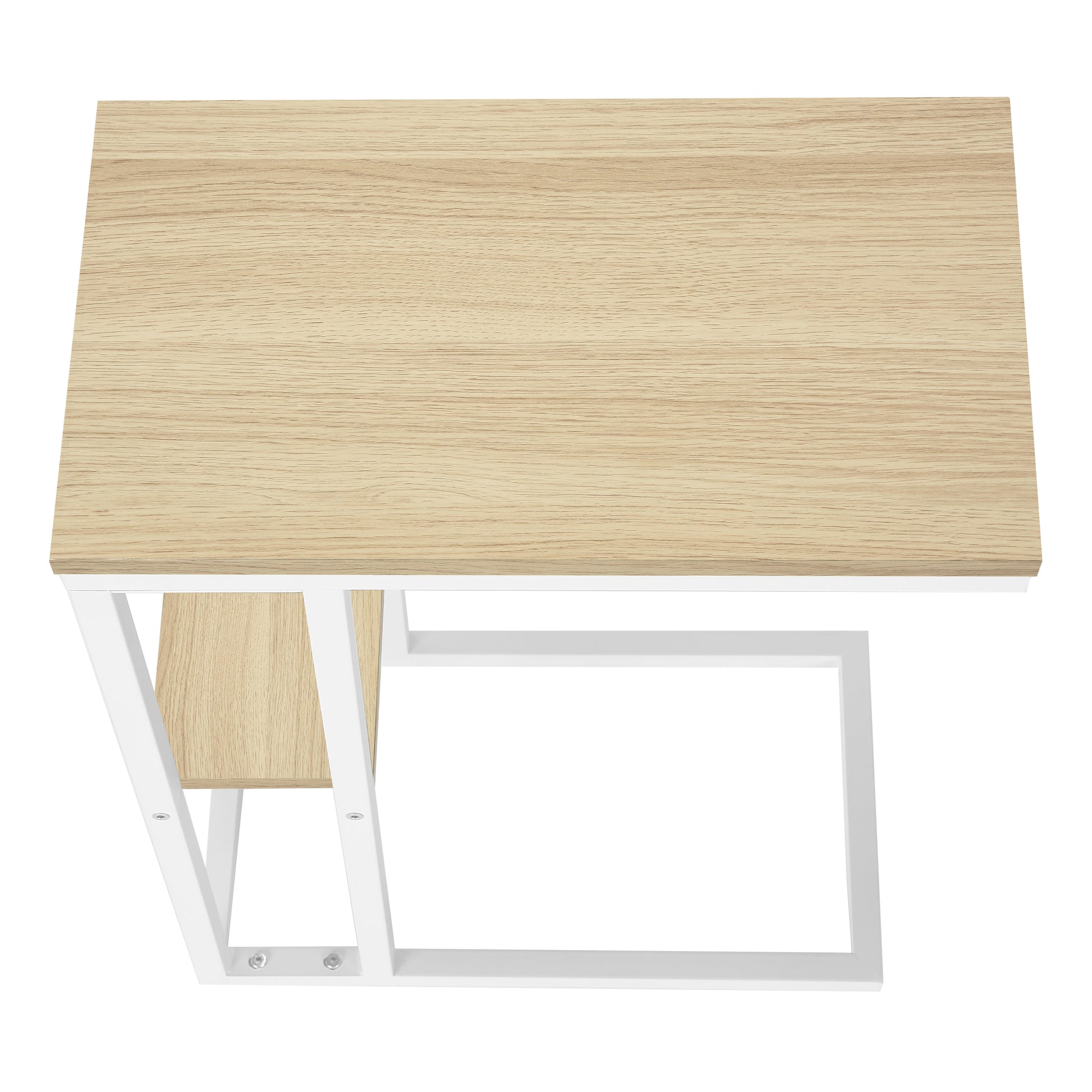 Light oak wood side table with a minimalist white metal frame and one shelf