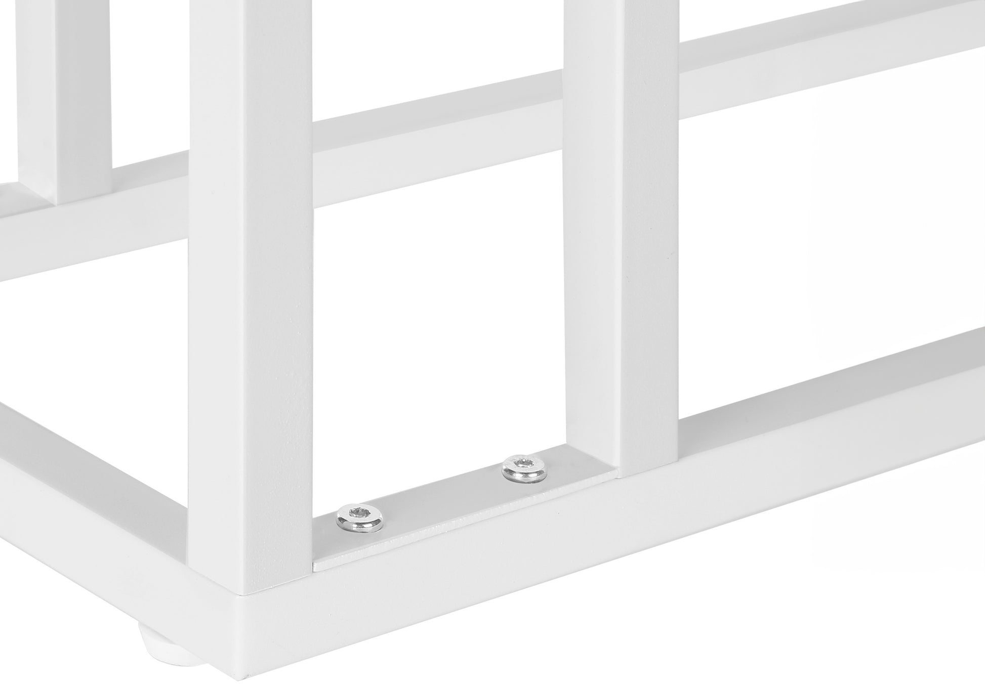 White metal frame construction detail showing secure bolted joints for furniture