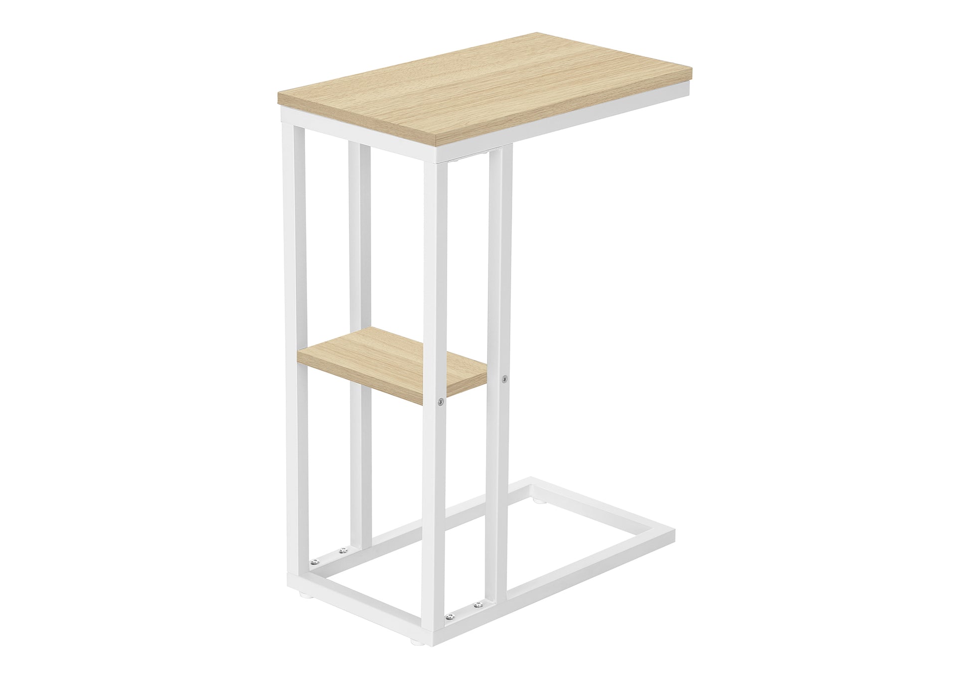 Slim Ctable with natural wood grain top and two shelves white metal frame for modern living room