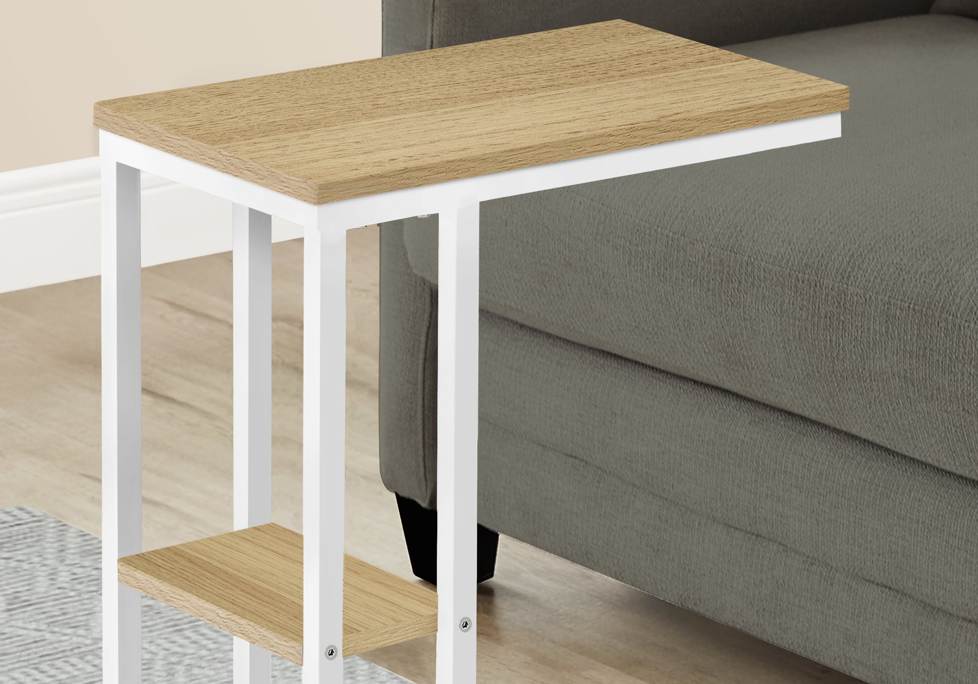 Modern Ctable with light oak top and white metal frame perfect for small spaces
