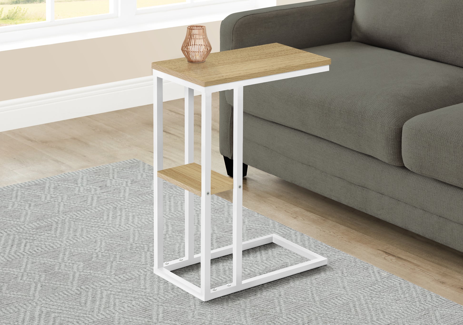 Modern Ctable with white metal frame and light oak wood top perfect for living rooms