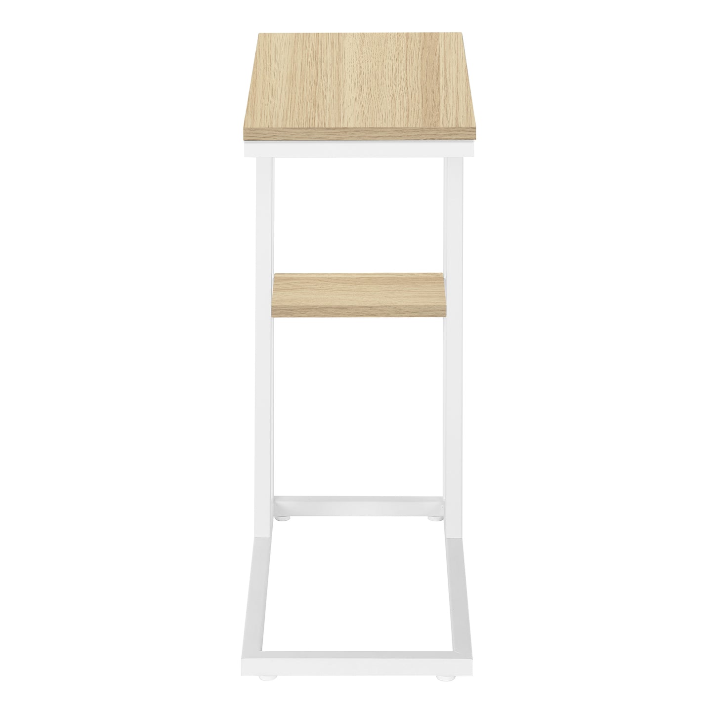 Minimalist Ctable with light oak top and white metal frame perfect for modern living rooms