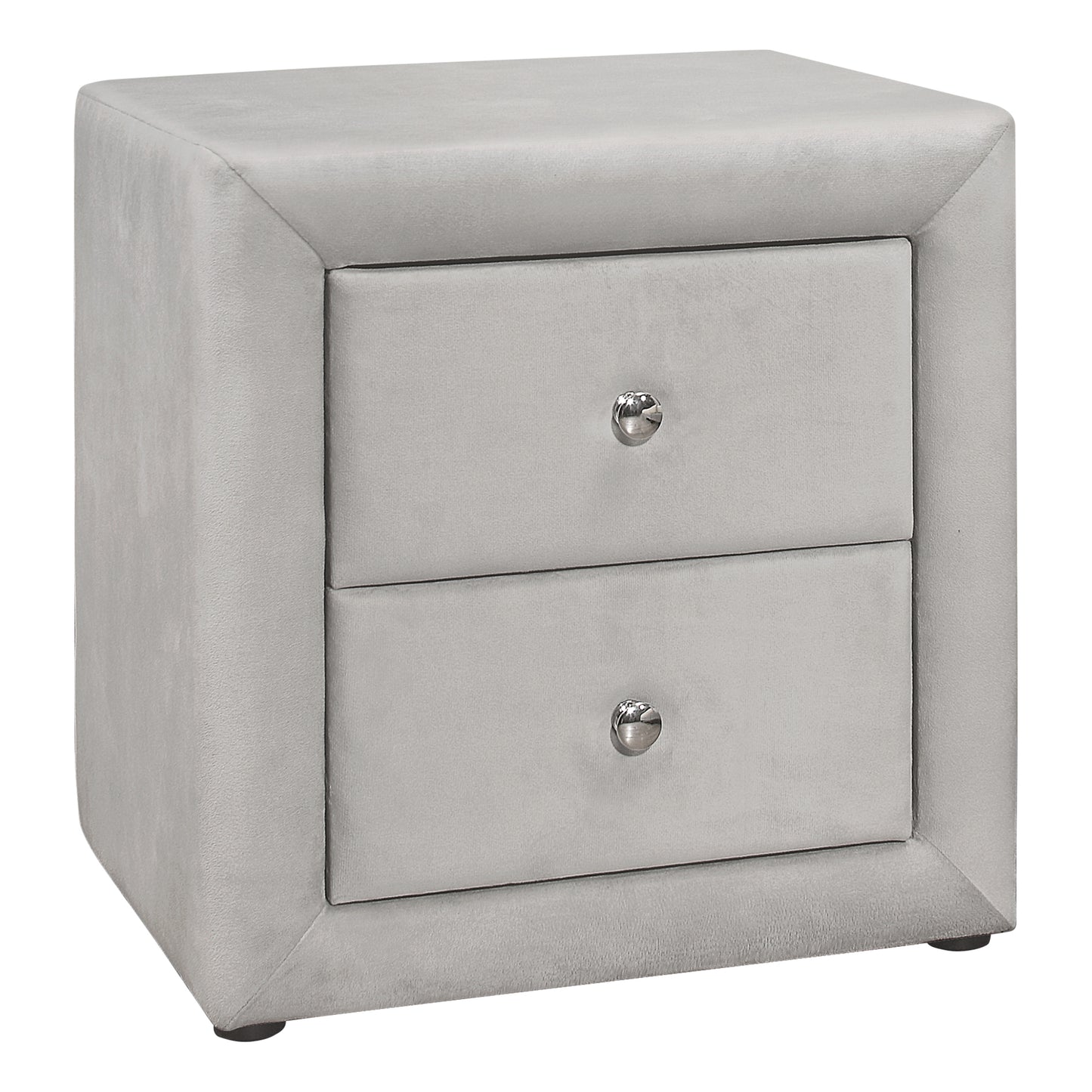 Grey velvet upholstered nightstand with two drawers and silver knob pulls