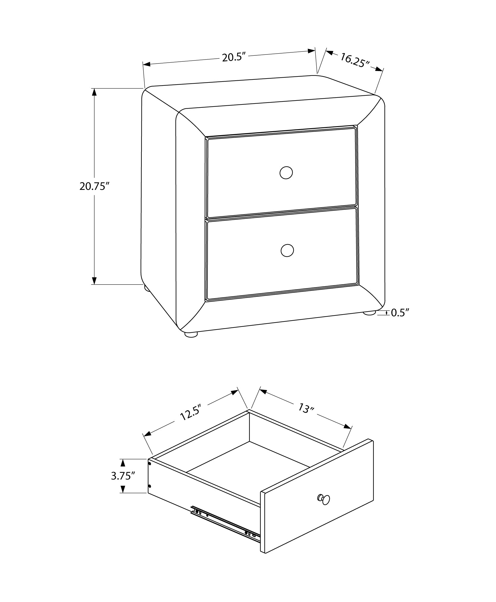 Modern nightstand with two drawers rendered in line art with dimensions displayed
