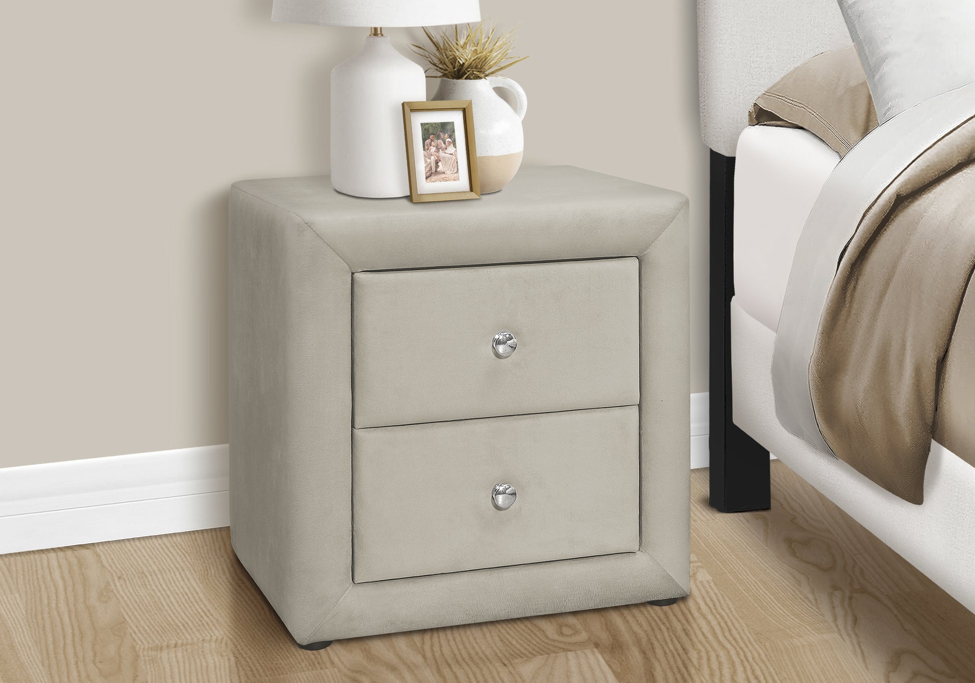 Taupe velvet upholstered nightstand with two crystal knob drawers