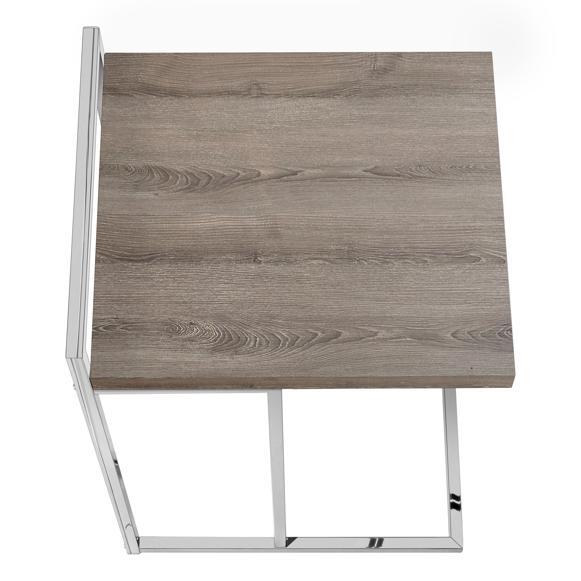 Modern side table with a rustic oak wood top and polished chrome frame