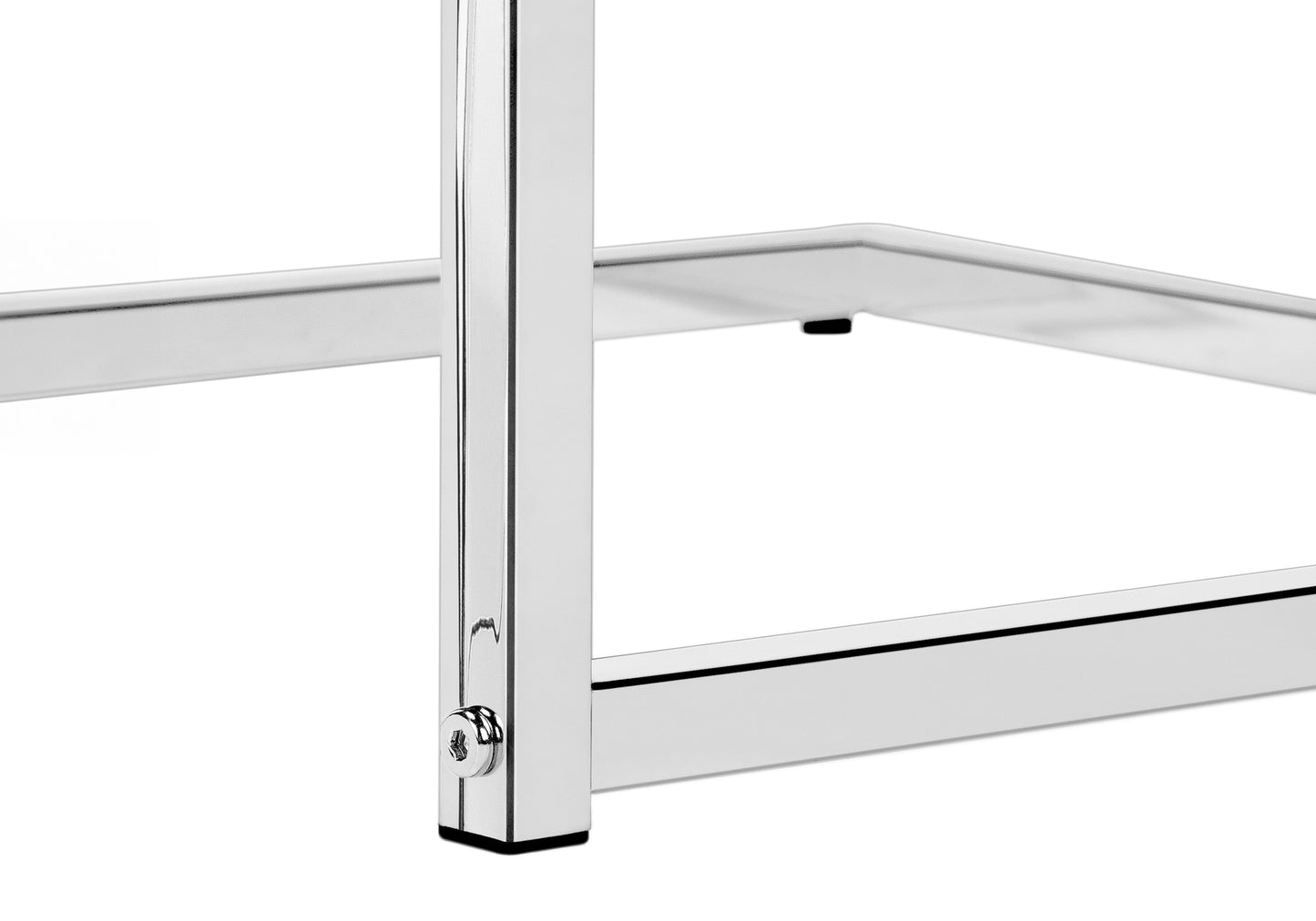 Closeup of a polished chrome table leg with hex screw detail