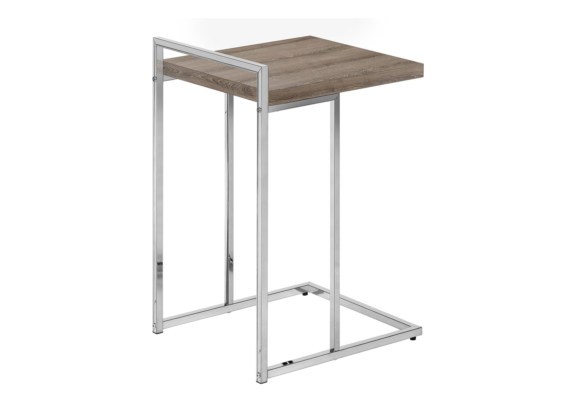 Modern Cshaped side table with a rustic woodlook top and polished chrome frame
